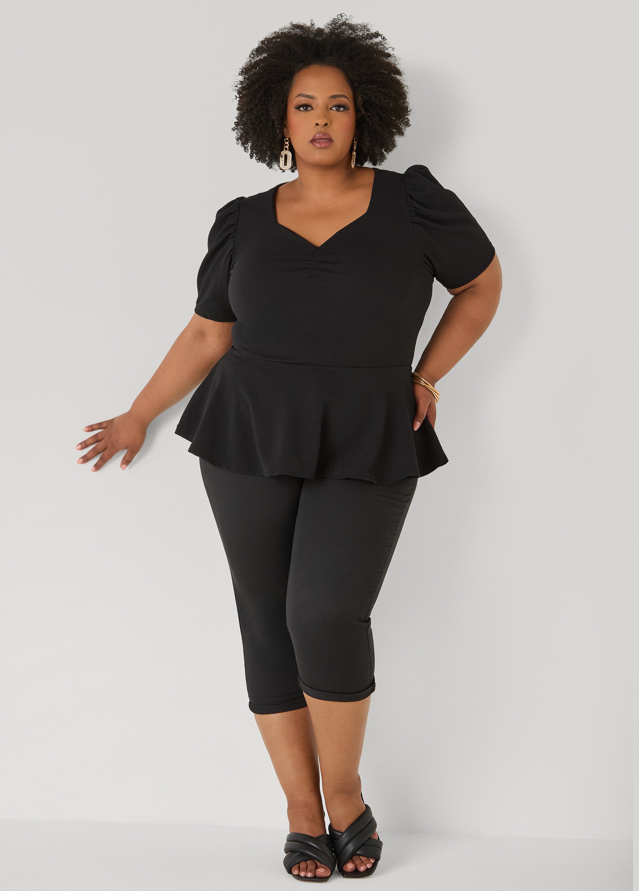 Puff Sleeved Textured Peplum Top Fandango Pink | Ashley Stewart