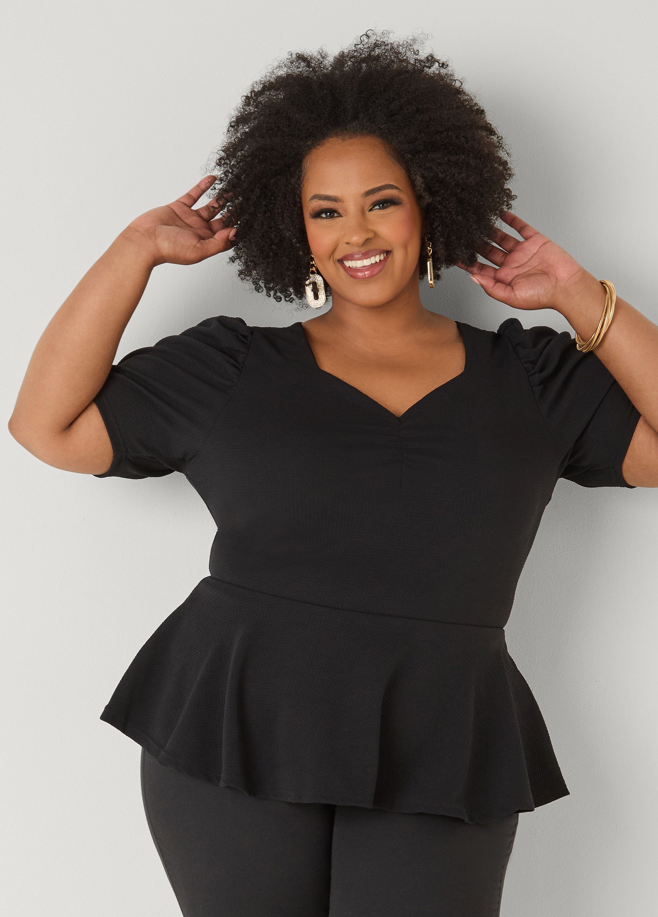 Puff Sleeved Textured Peplum Top Fandango Pink | Ashley Stewart