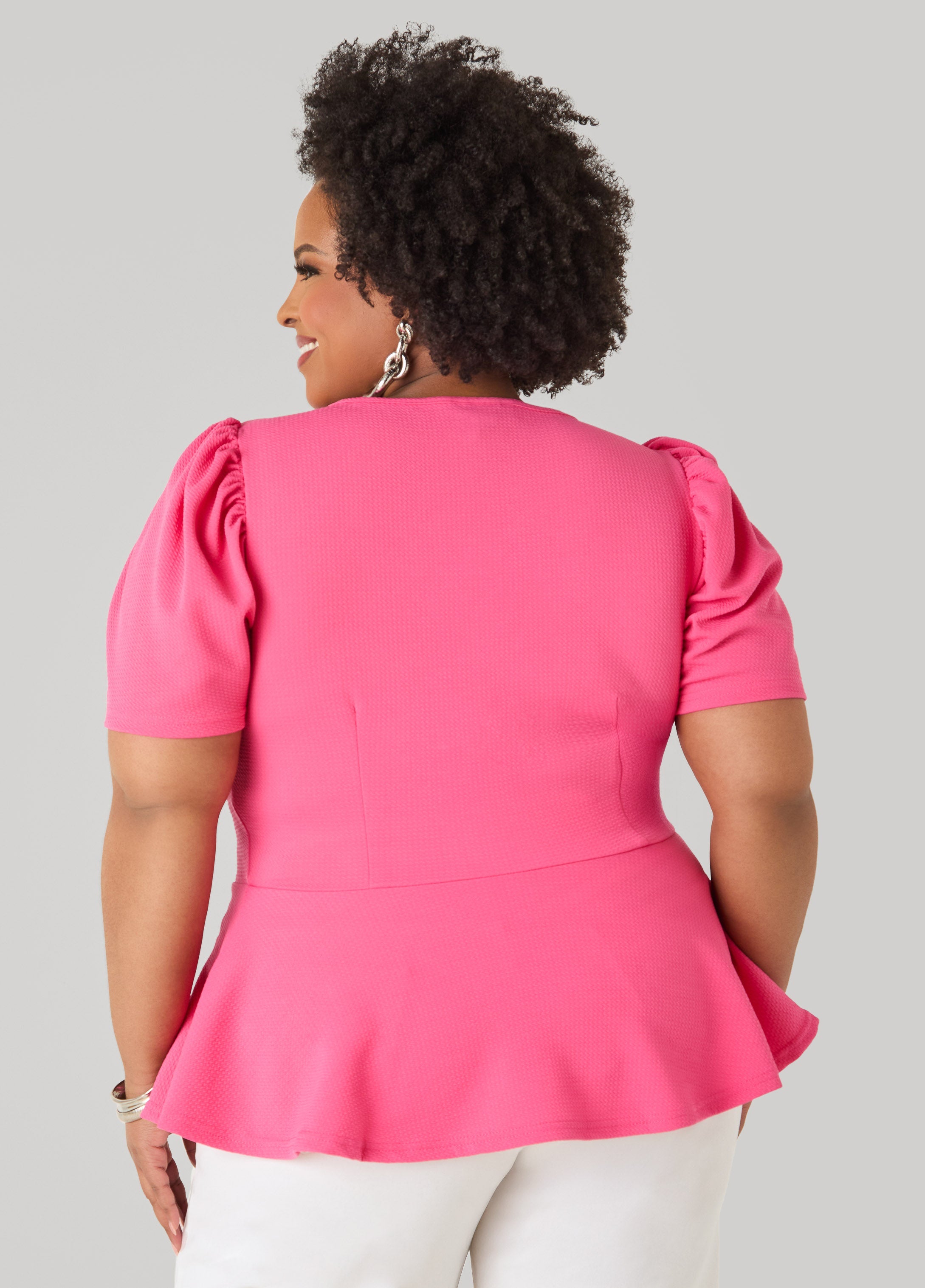 Puff Sleeved Textured Peplum Top Fandango Pink | Ashley Stewart