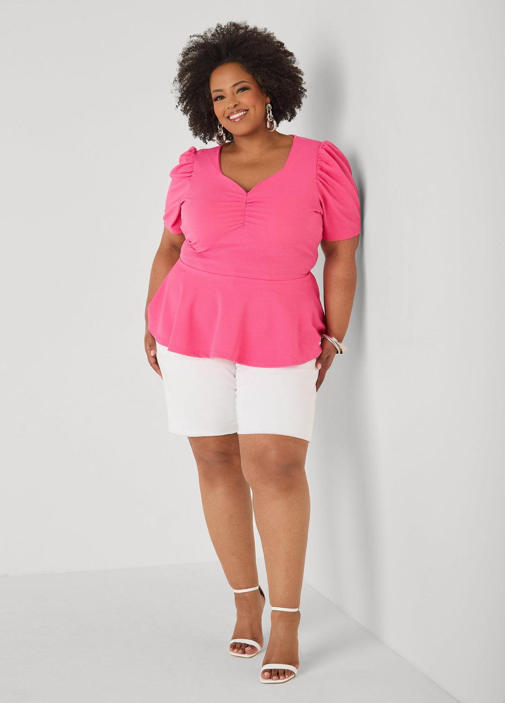 Puff Sleeved Textured Peplum Top Fandango Pink | Ashley Stewart