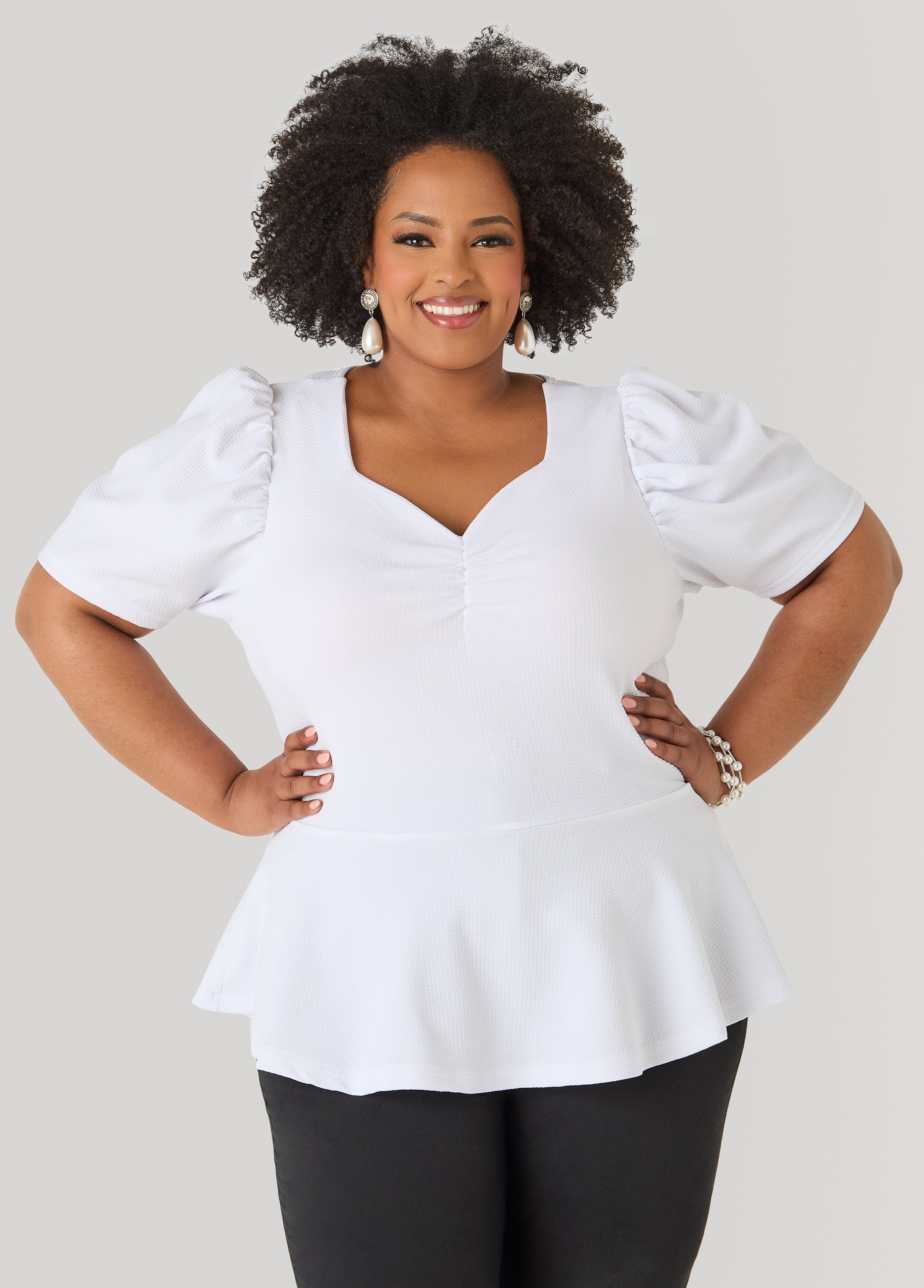 Puff Sleeved Textured Peplum Top Fandango Pink | Ashley Stewart