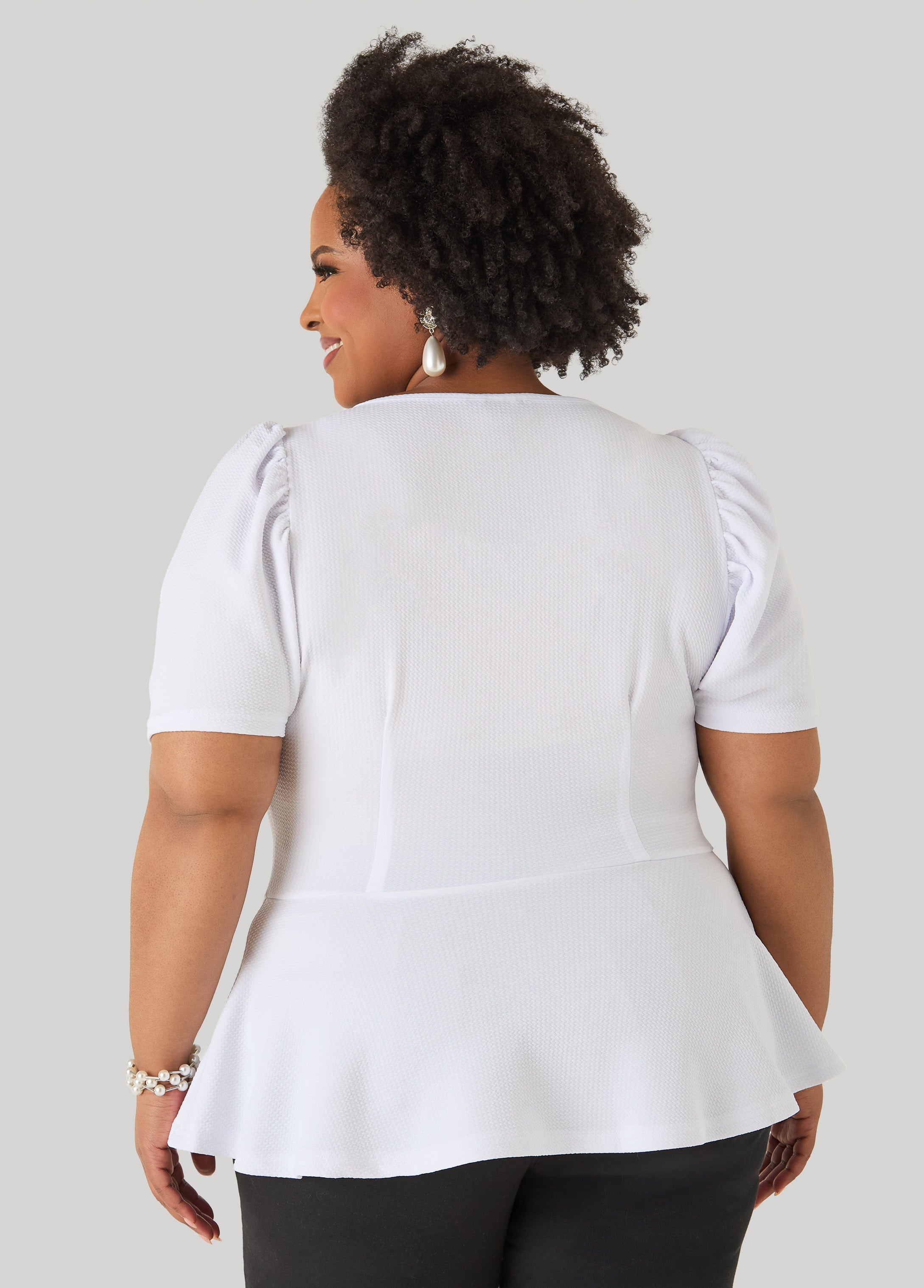 Puff Sleeved Textured Peplum Top Fandango Pink | Ashley Stewart