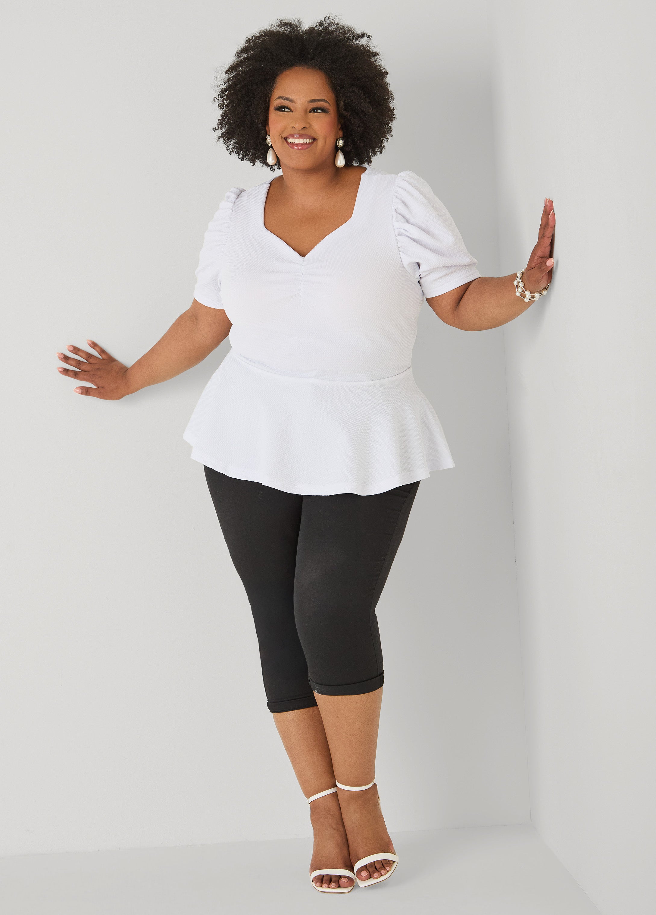 Puff Sleeved Textured Peplum Top Fandango Pink | Ashley Stewart