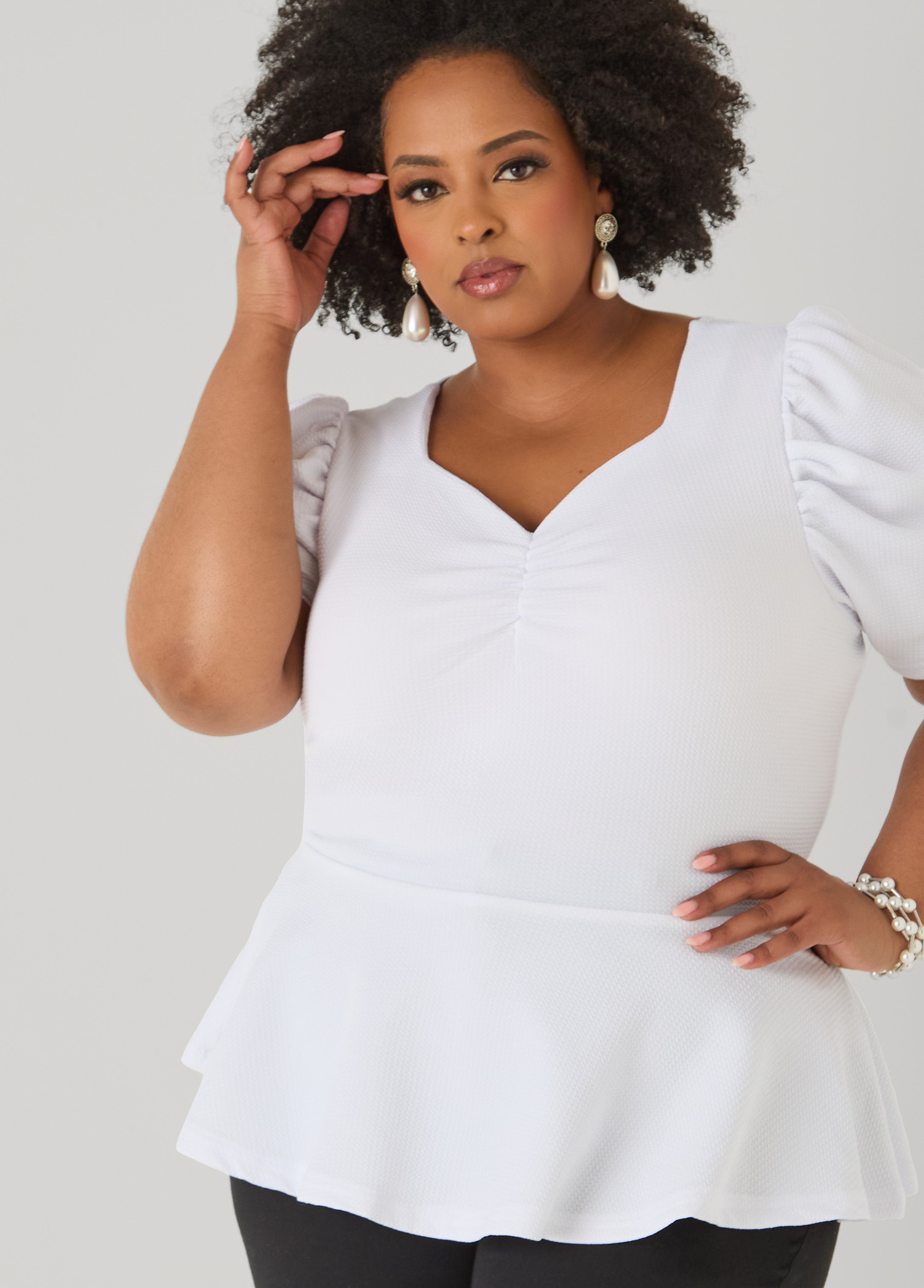 Puff Sleeved Textured Peplum Top Fandango Pink | Ashley Stewart