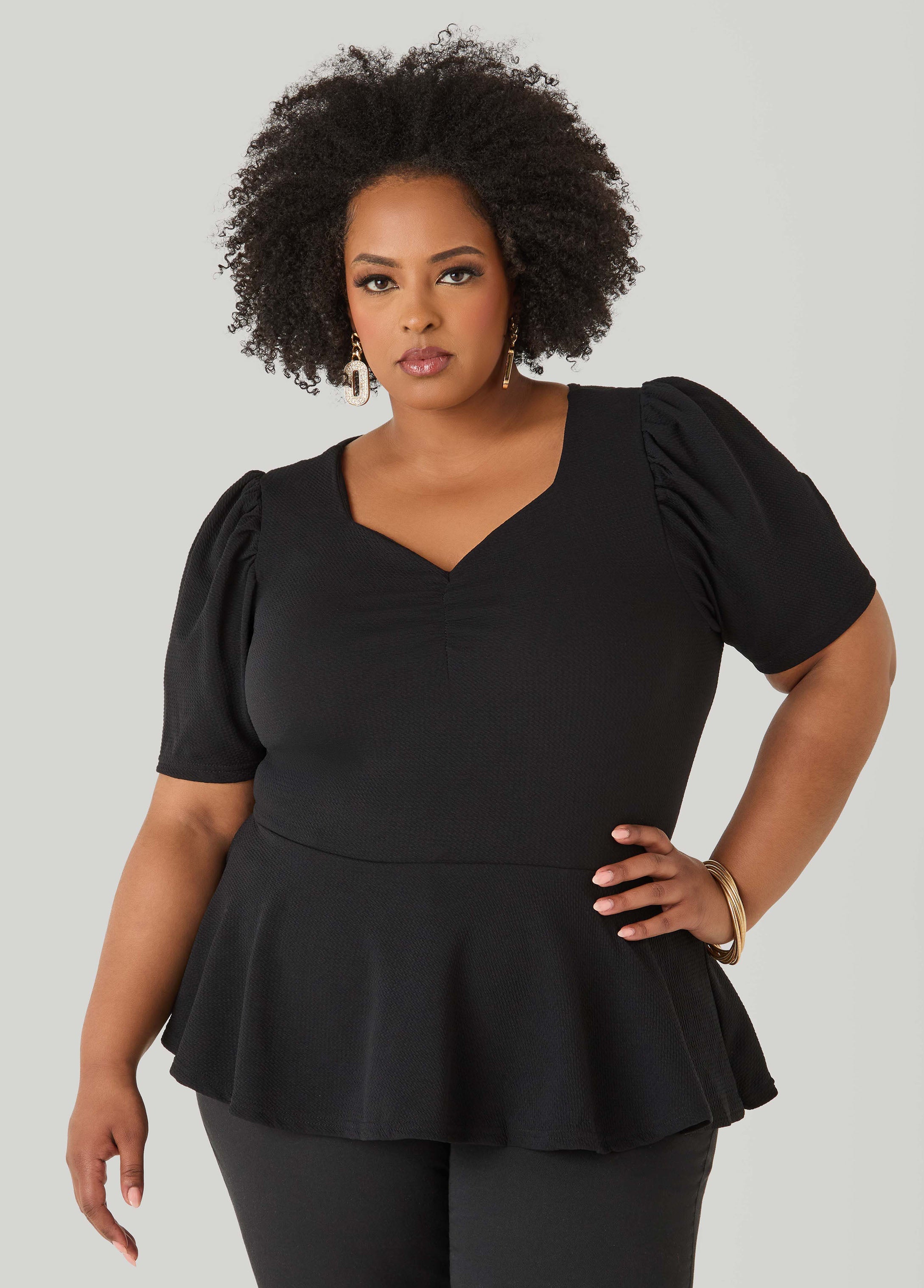 Puff Sleeved Textured Peplum Top Fandango Pink | Ashley Stewart