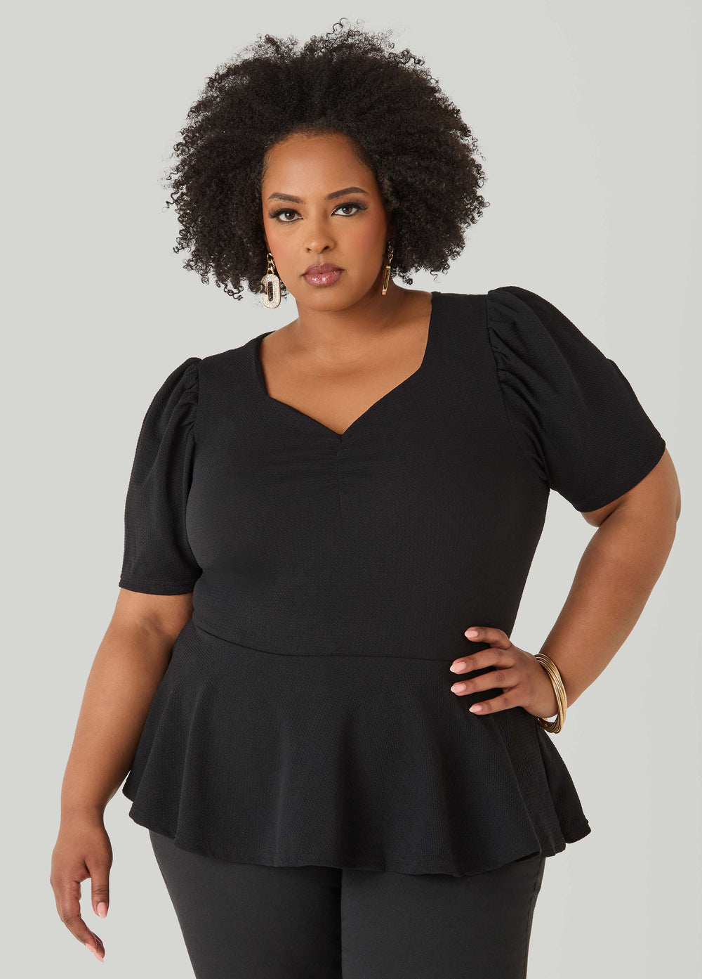 Puff Sleeved Textured Peplum Top Fandango Pink | Ashley Stewart