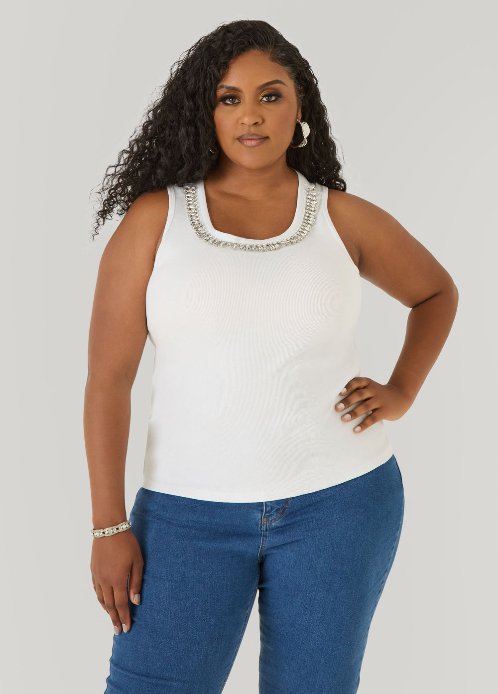 Crystal Ribbed Tank Top White | Ashley Stewart