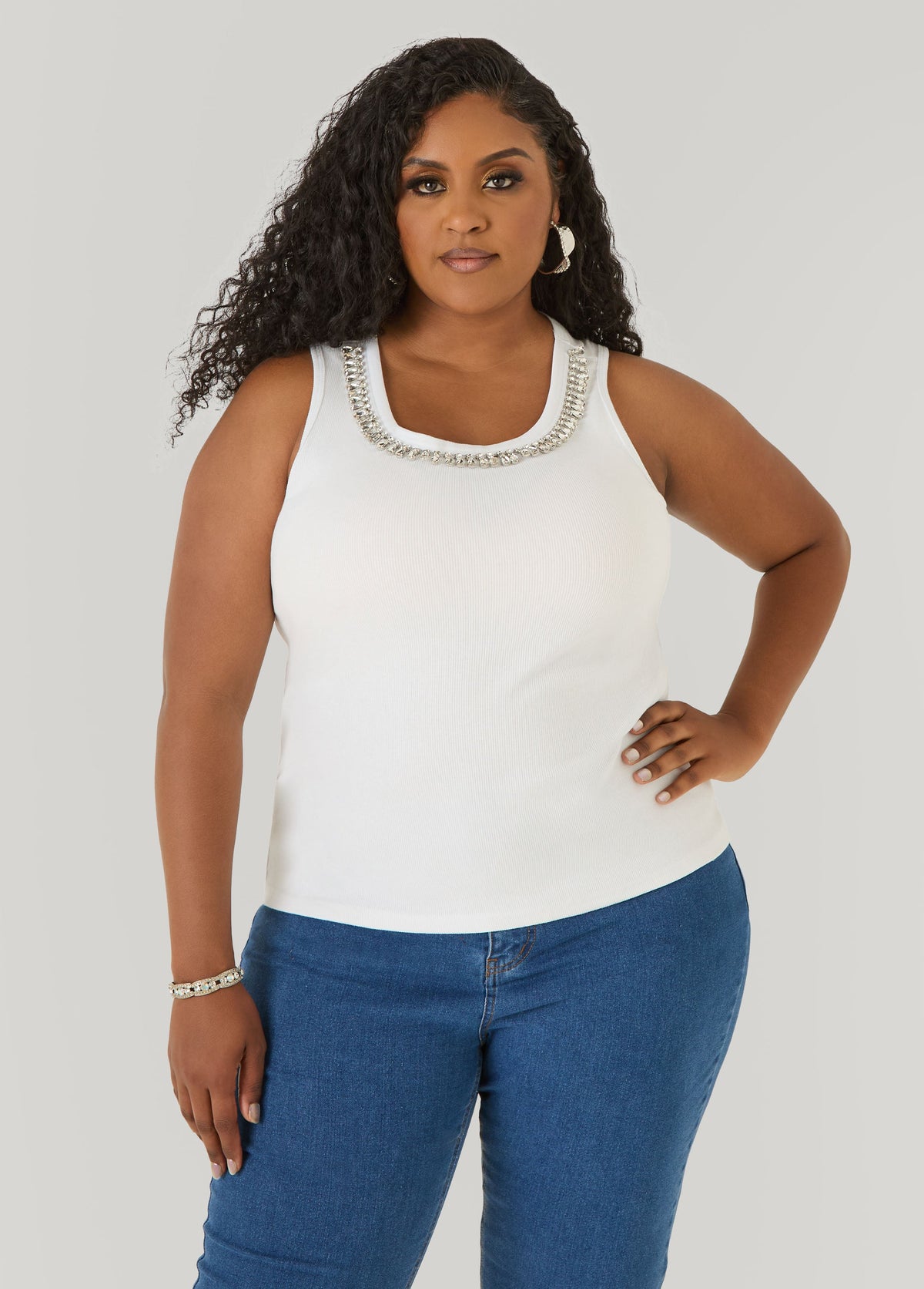 Crystal Ribbed Tank Top White | Ashley Stewart