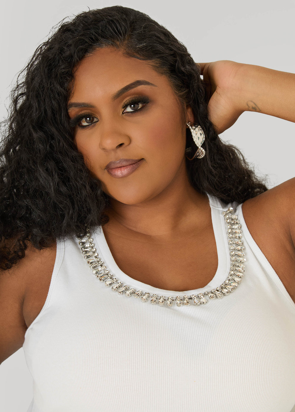 Crystal Ribbed Tank Top White | Ashley Stewart