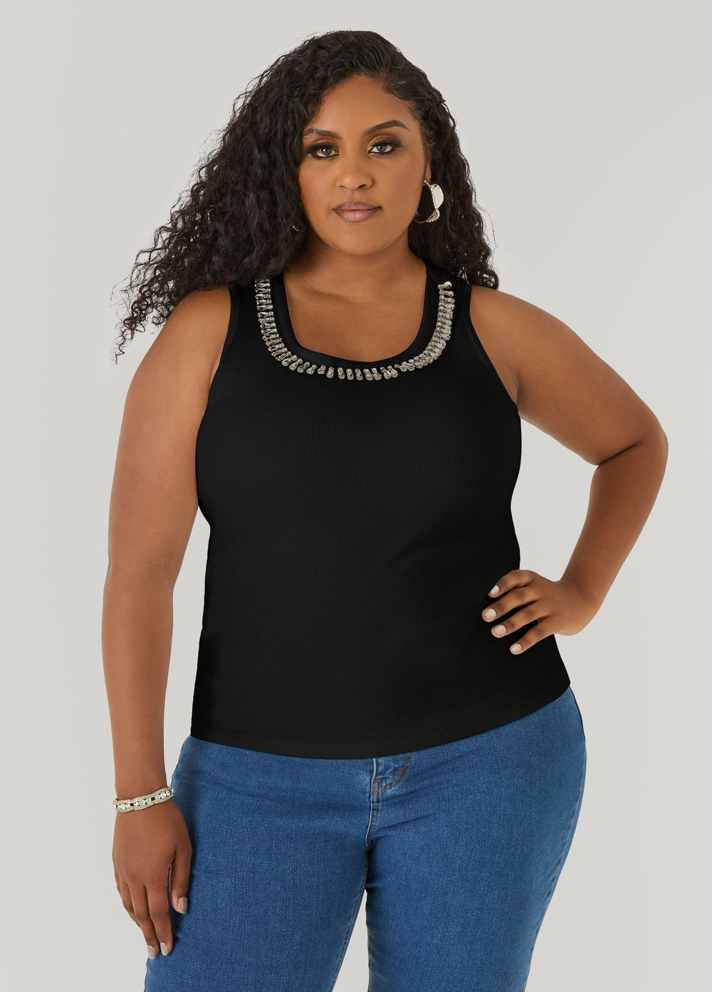 Crystal Ribbed Tank Top White | Ashley Stewart