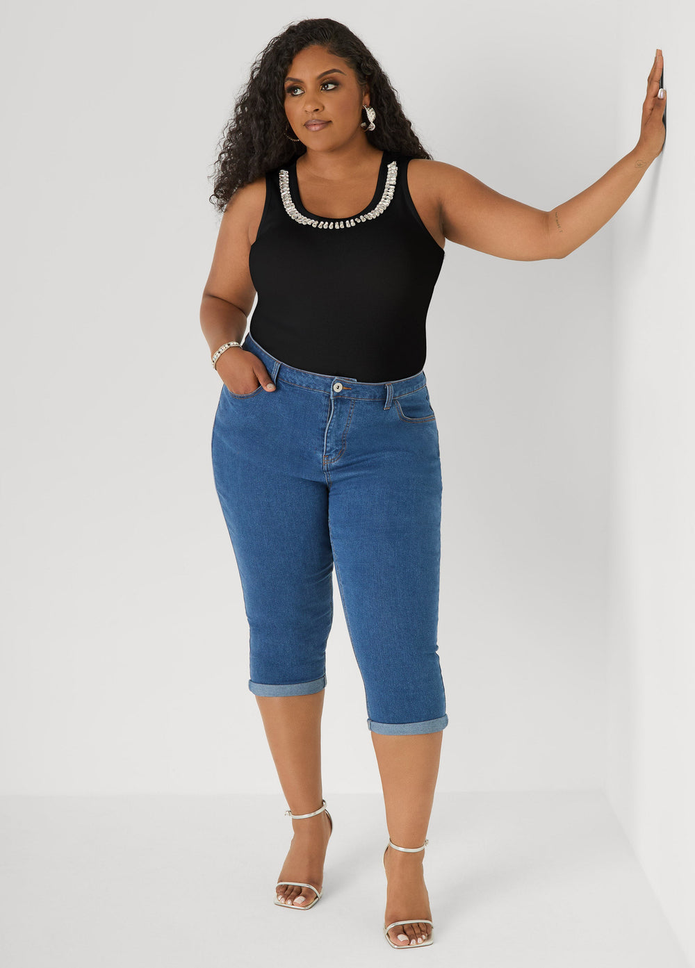 Crystal Ribbed Tank Top White | Ashley Stewart