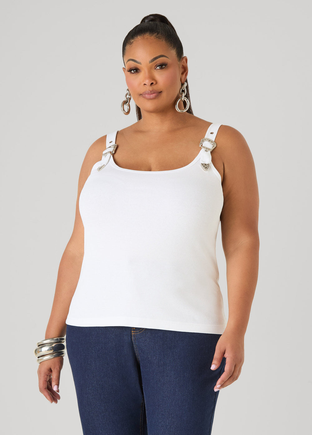 Buckle Strap Tank Top White | Ashley Stewart