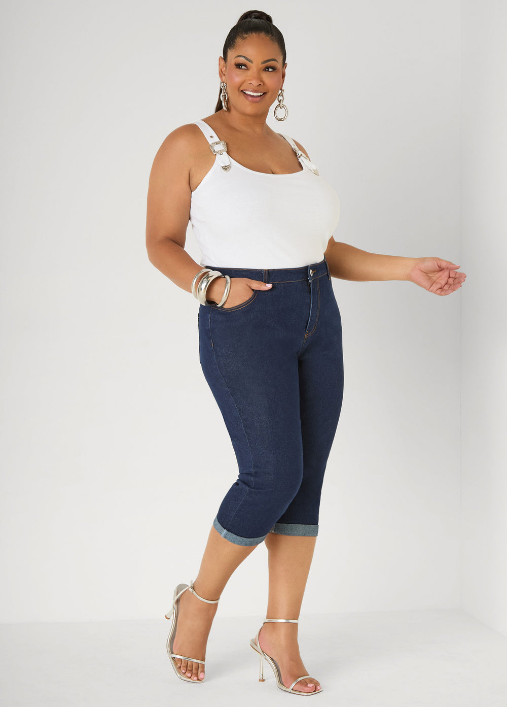 Buckle Strap Tank Top White | Ashley Stewart