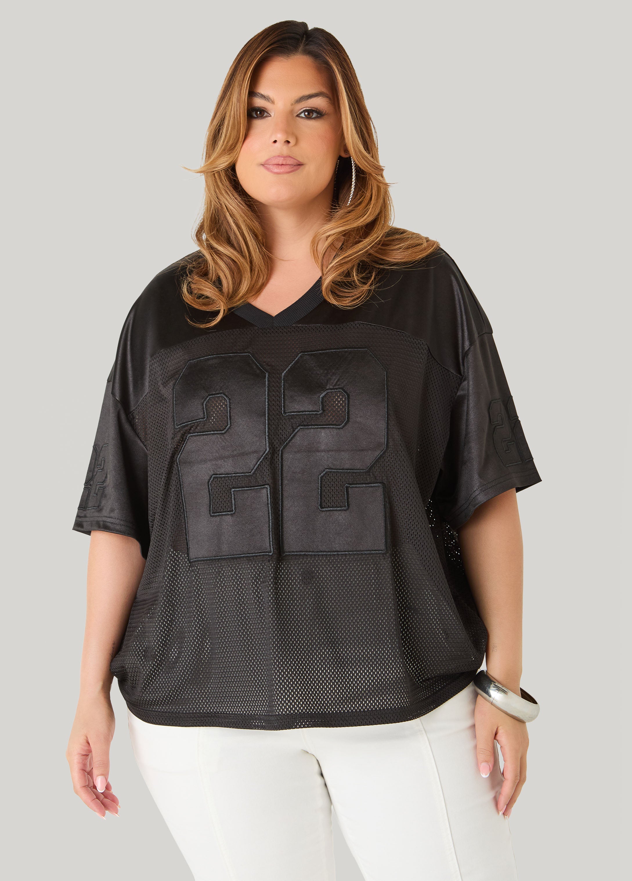 Mesh Paneled Jersey Black | Ashley Stewart