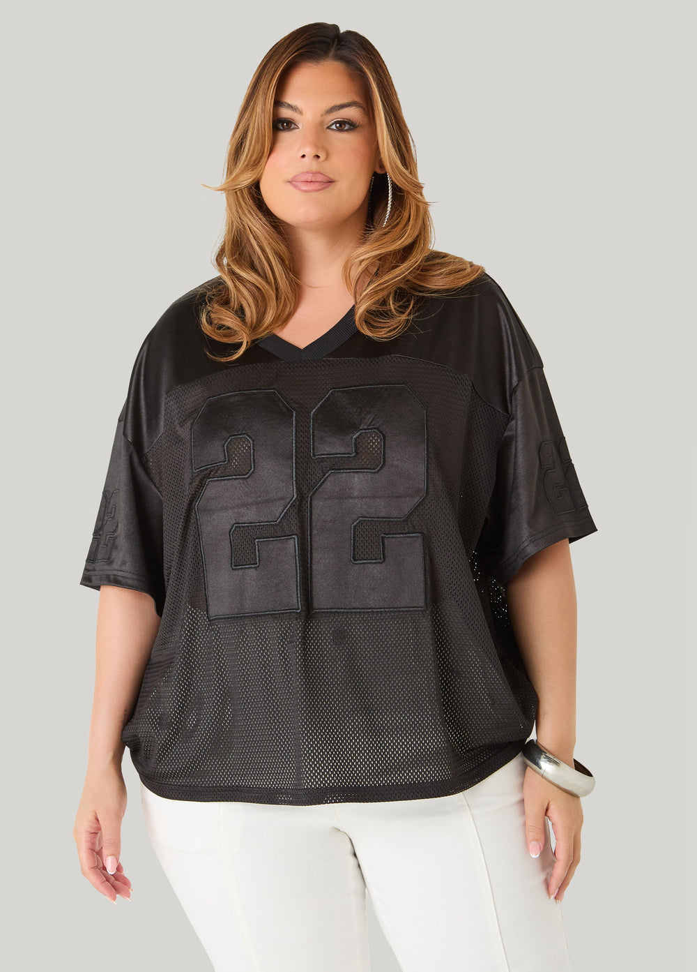 Mesh Paneled Jersey Black | Ashley Stewart