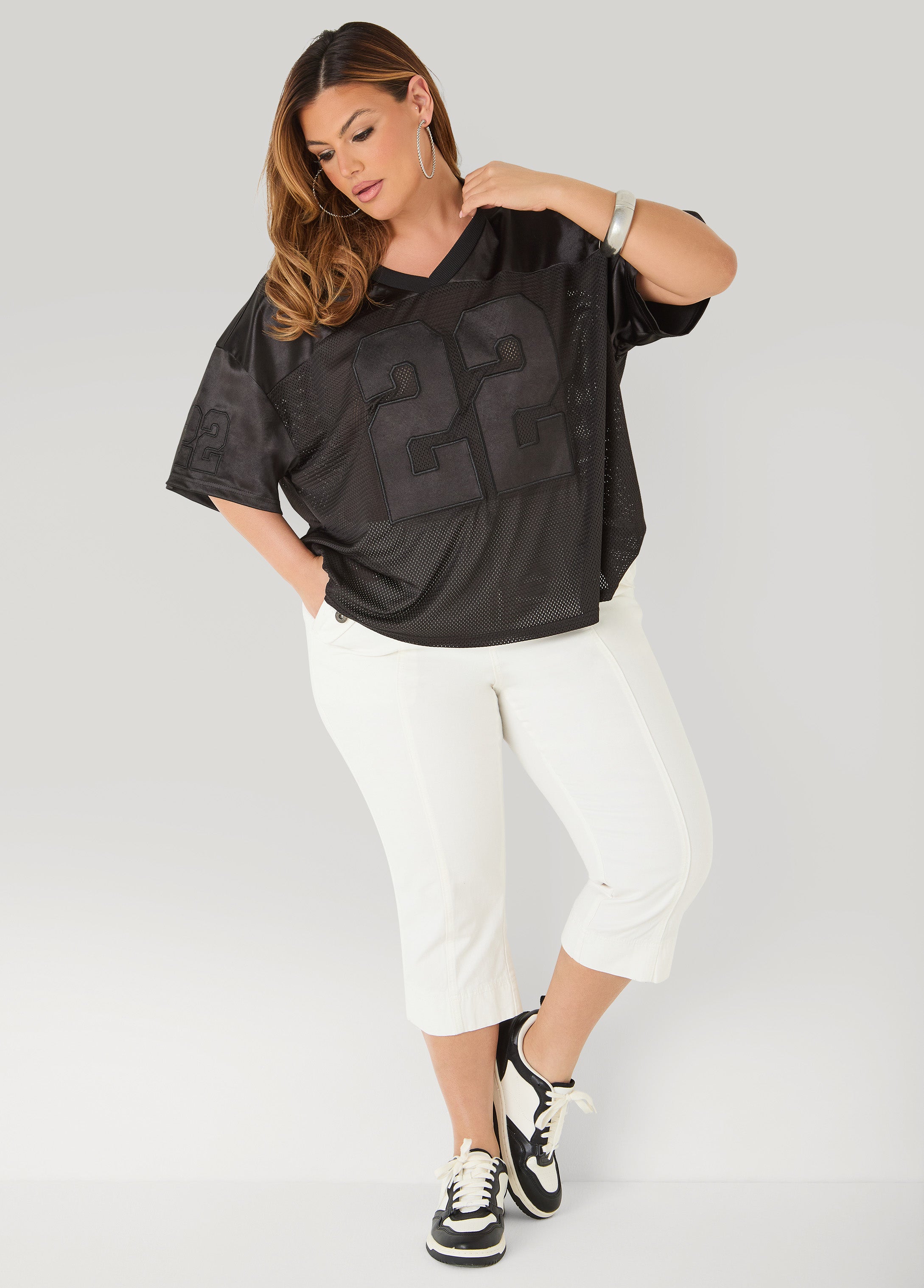 Mesh Paneled Jersey Black | Ashley Stewart