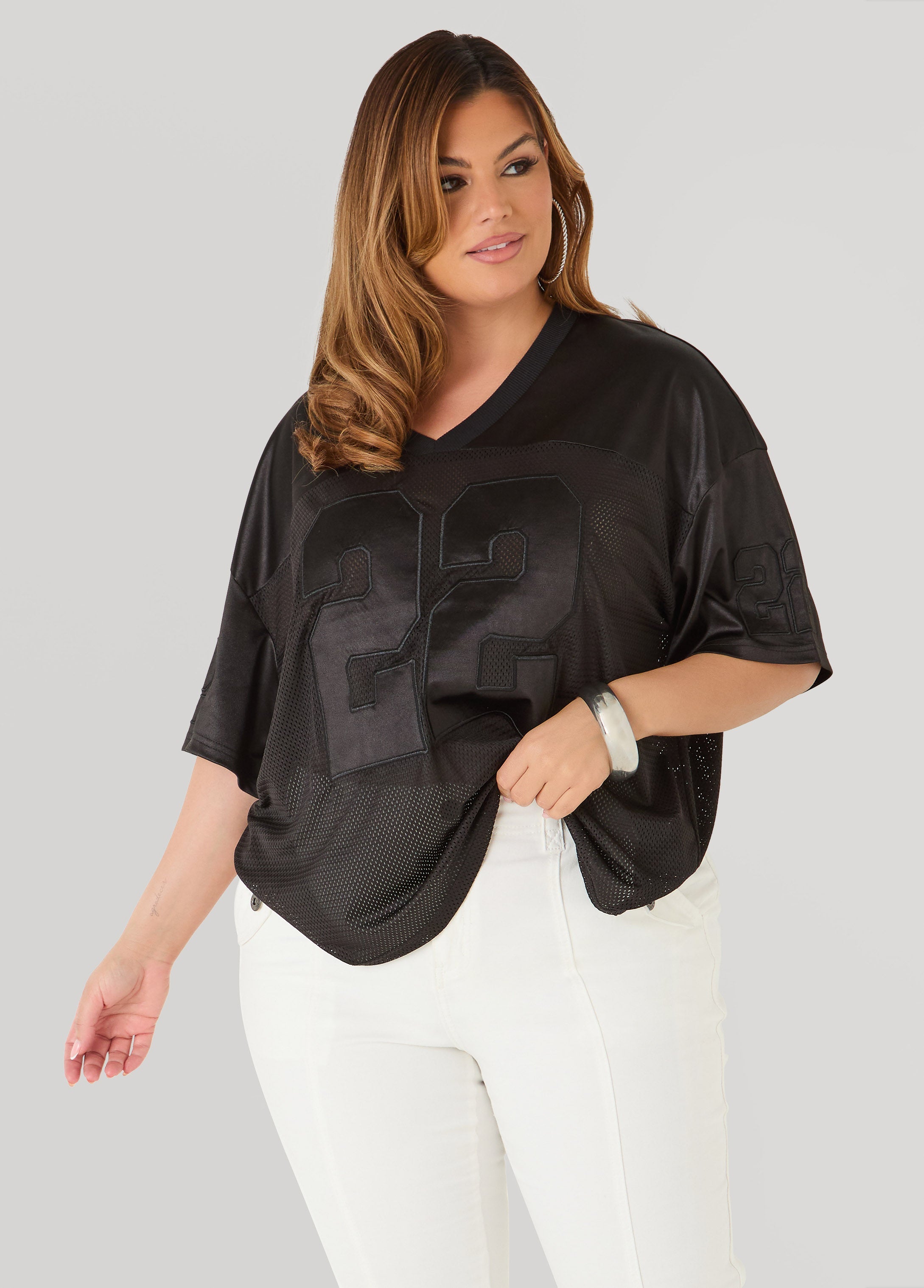 Mesh Paneled Jersey Black | Ashley Stewart