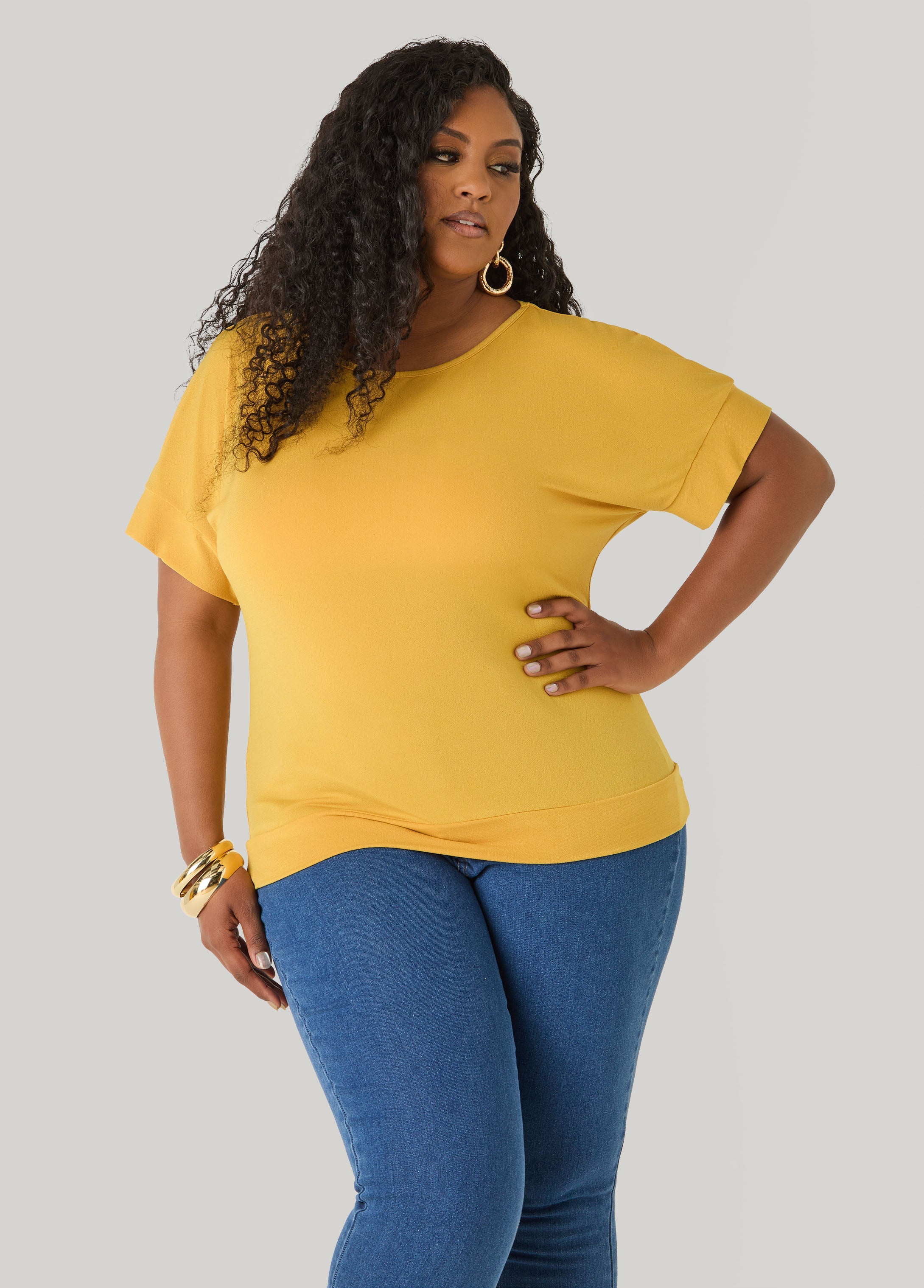 Dolman Sleeved Stretch Crepe Top Mustard | Ashley Stewart