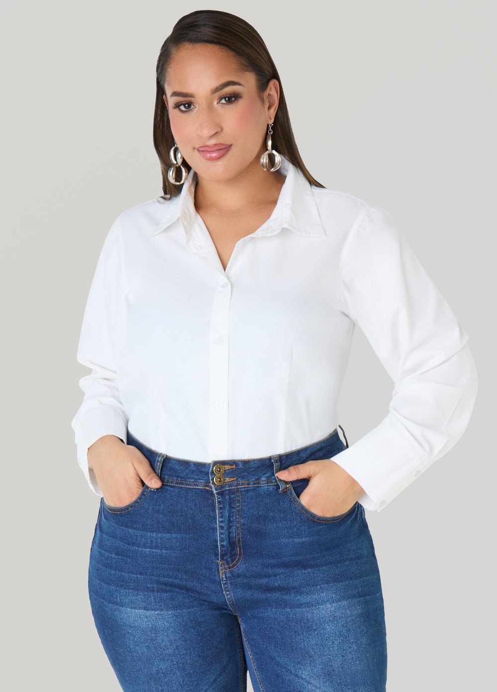 Cotton Blend Collared Shirt White | Ashley Stewart