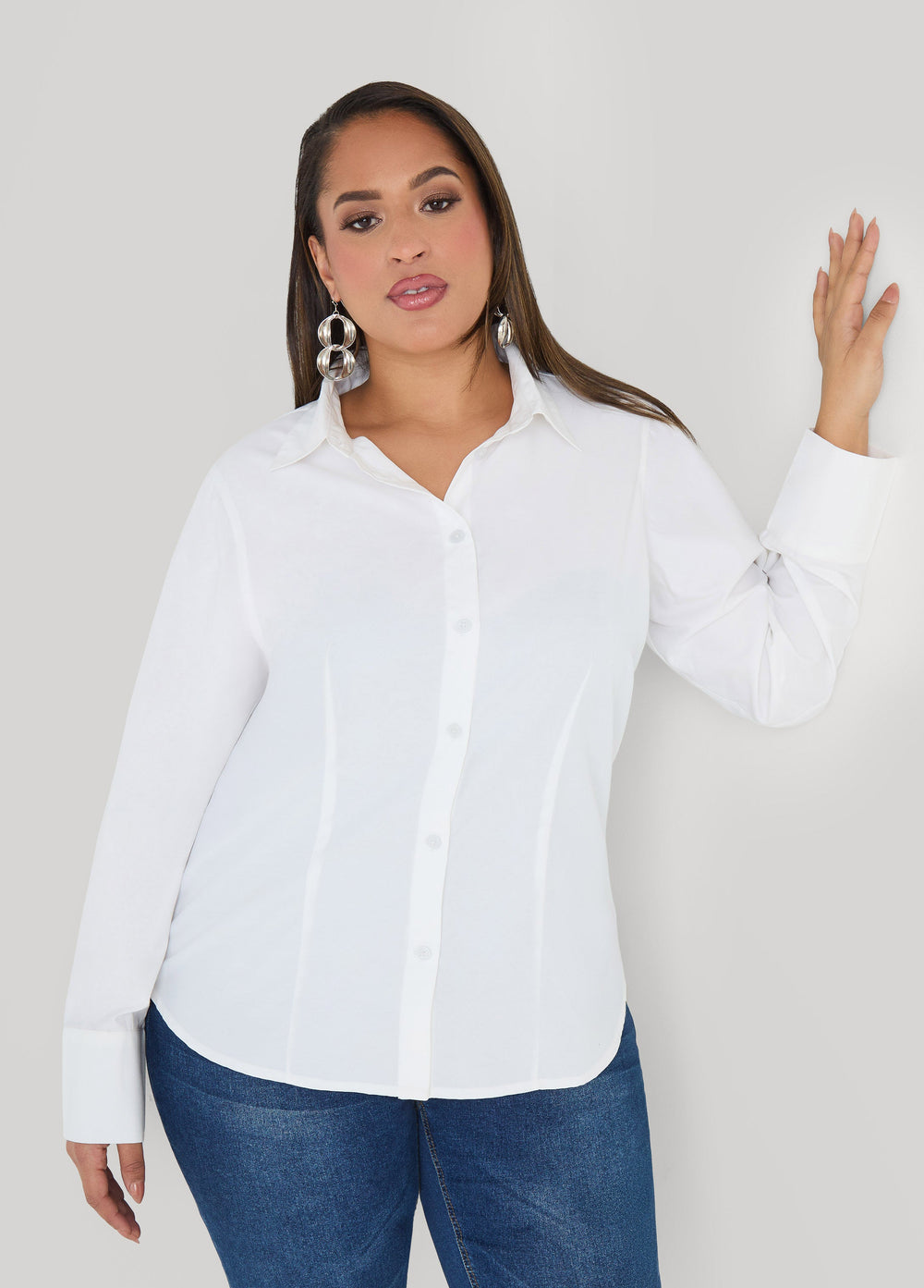 Cotton Blend Collared Shirt White | Ashley Stewart