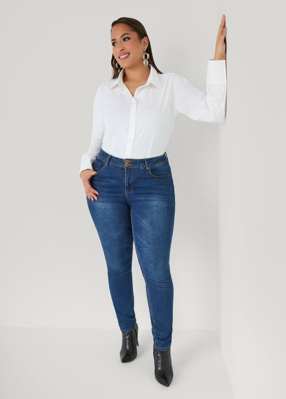 Tall Cotton Blend Collared Shirt White | Ashley Stewart
