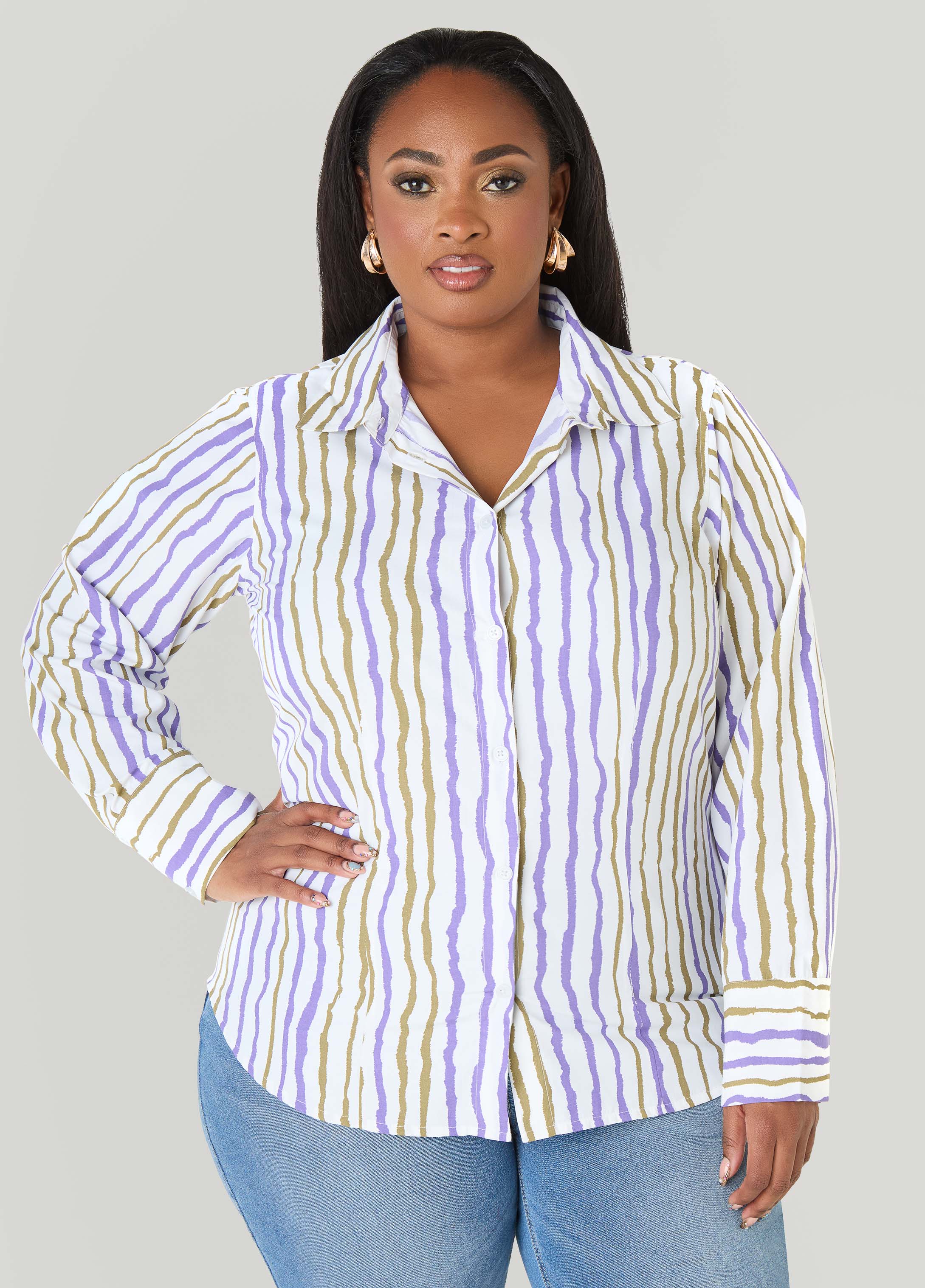 Tall Striped Collared Shirt Egret | Ashley Stewart