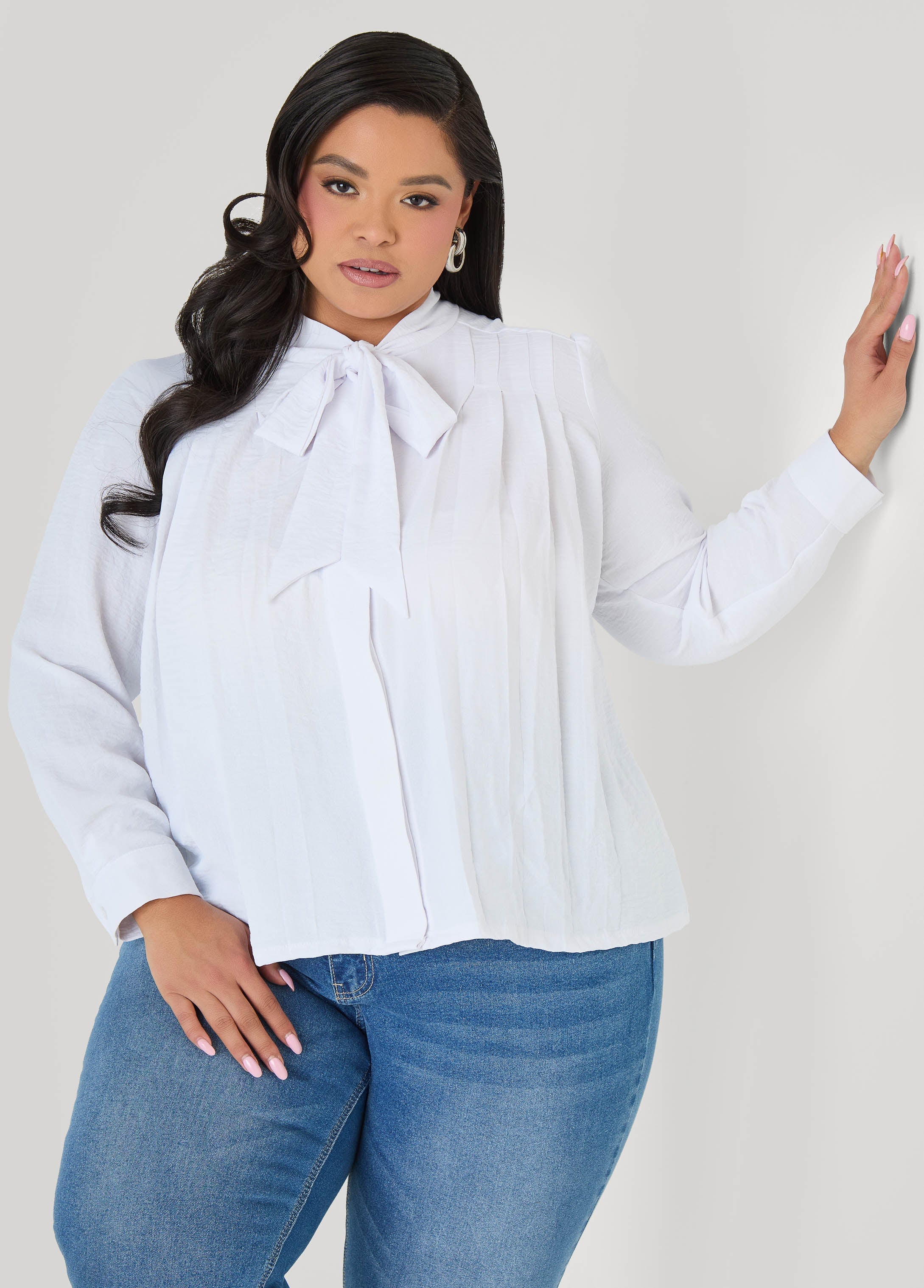 Pleated Tie Neck Shirt White | Ashley Stewart