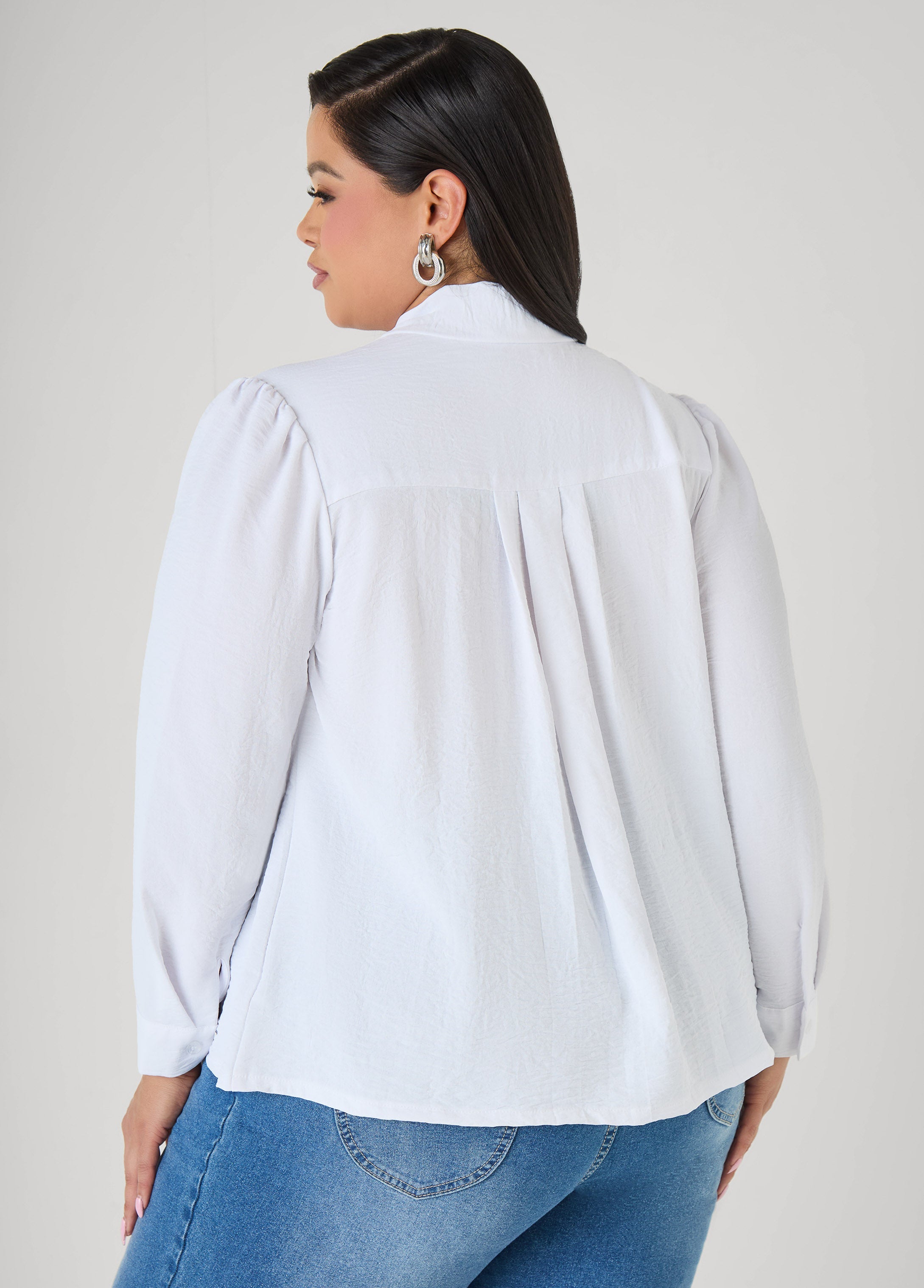 Pleated Tie Neck Shirt White | Ashley Stewart