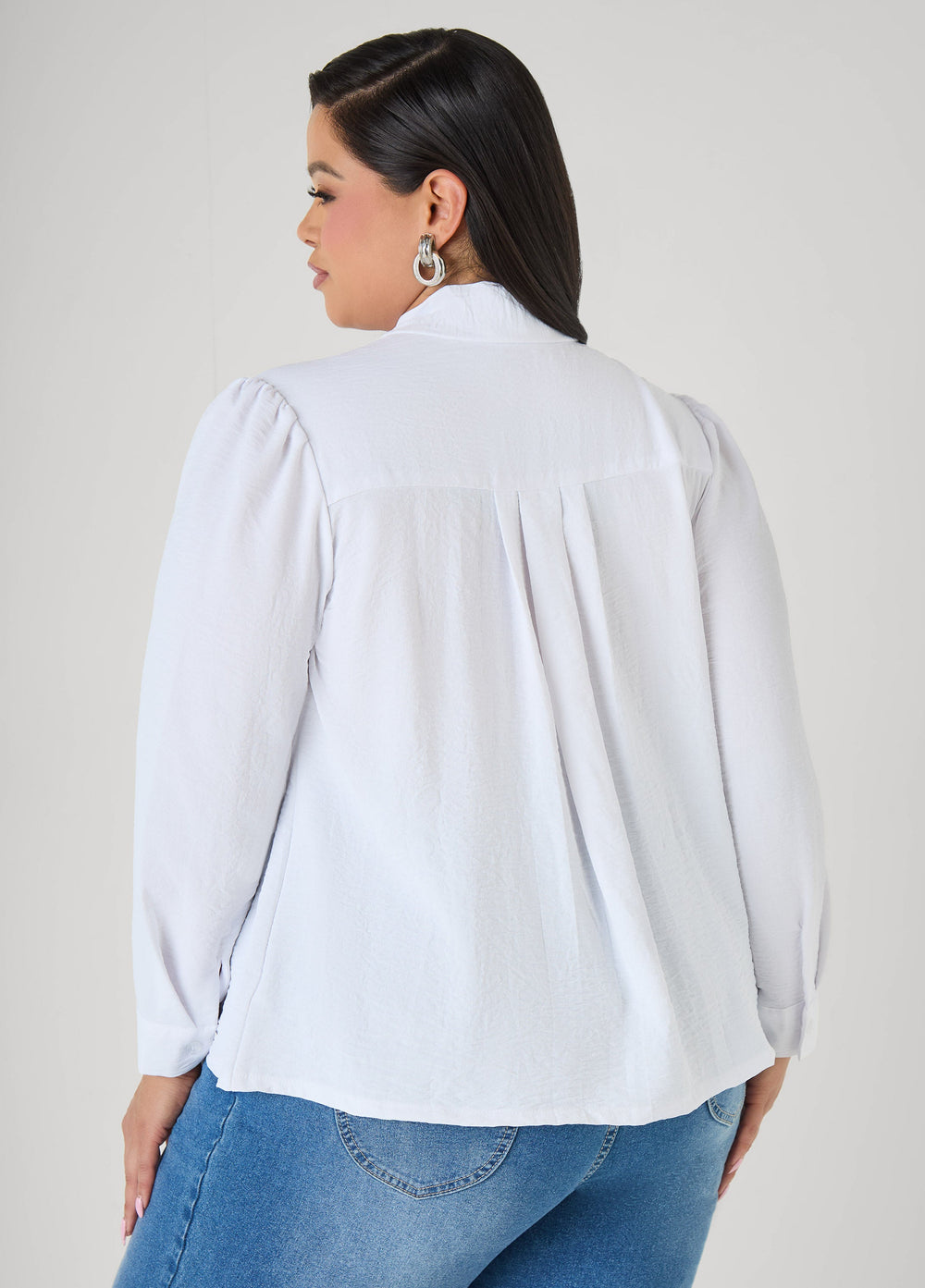 Pleated Tie Neck Shirt White | Ashley Stewart