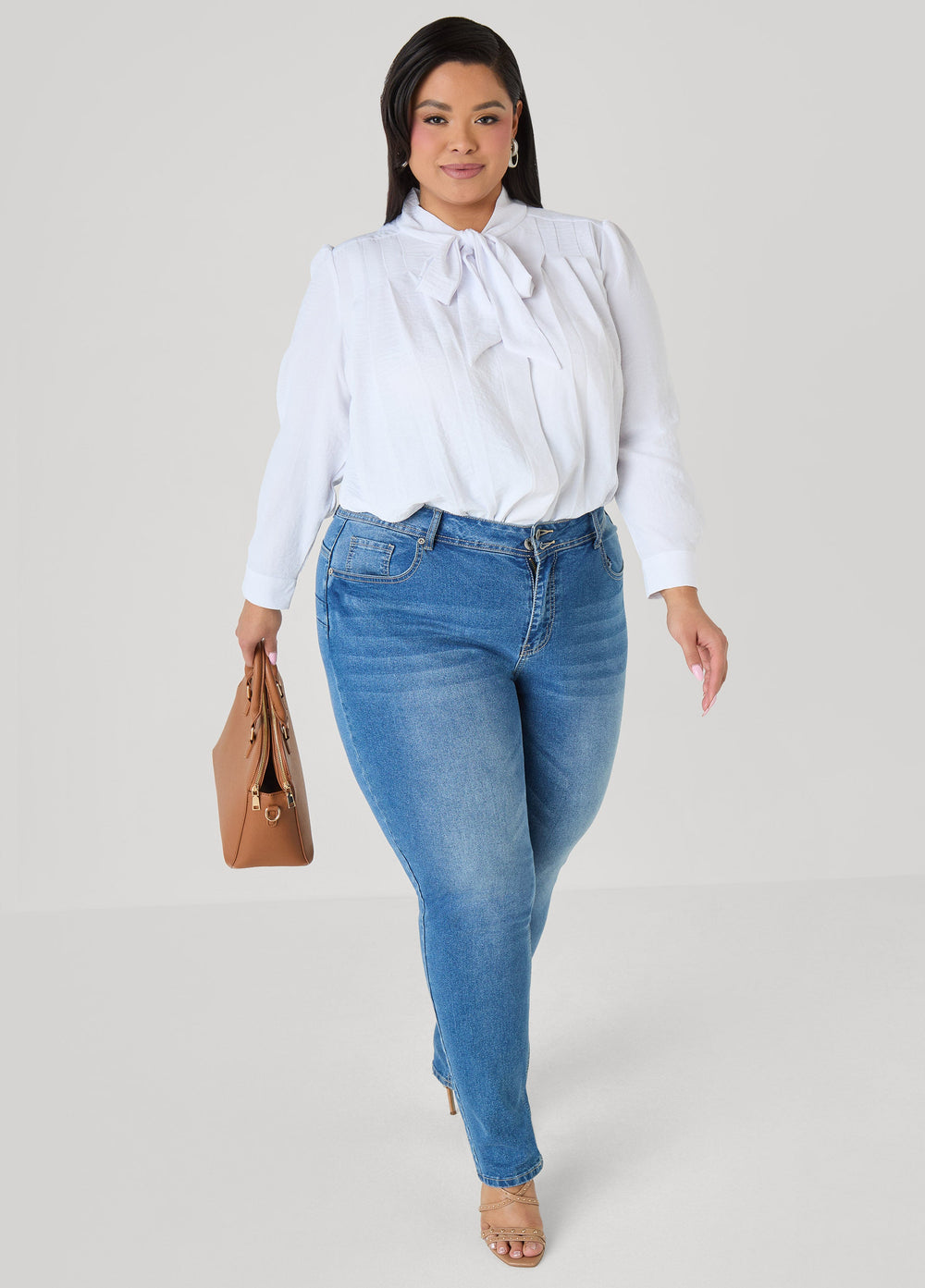 Pleated Tie Neck Shirt White | Ashley Stewart