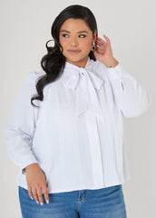 Pleated Tie Neck Shirt White | Ashley Stewart