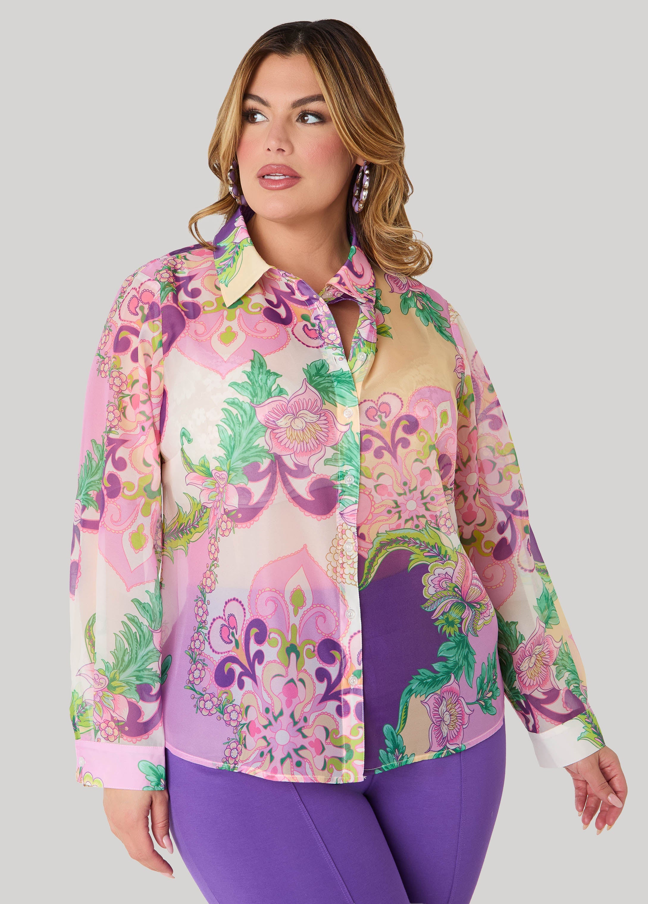 Floral Print Organza Shirt Multi | Ashley Stewart