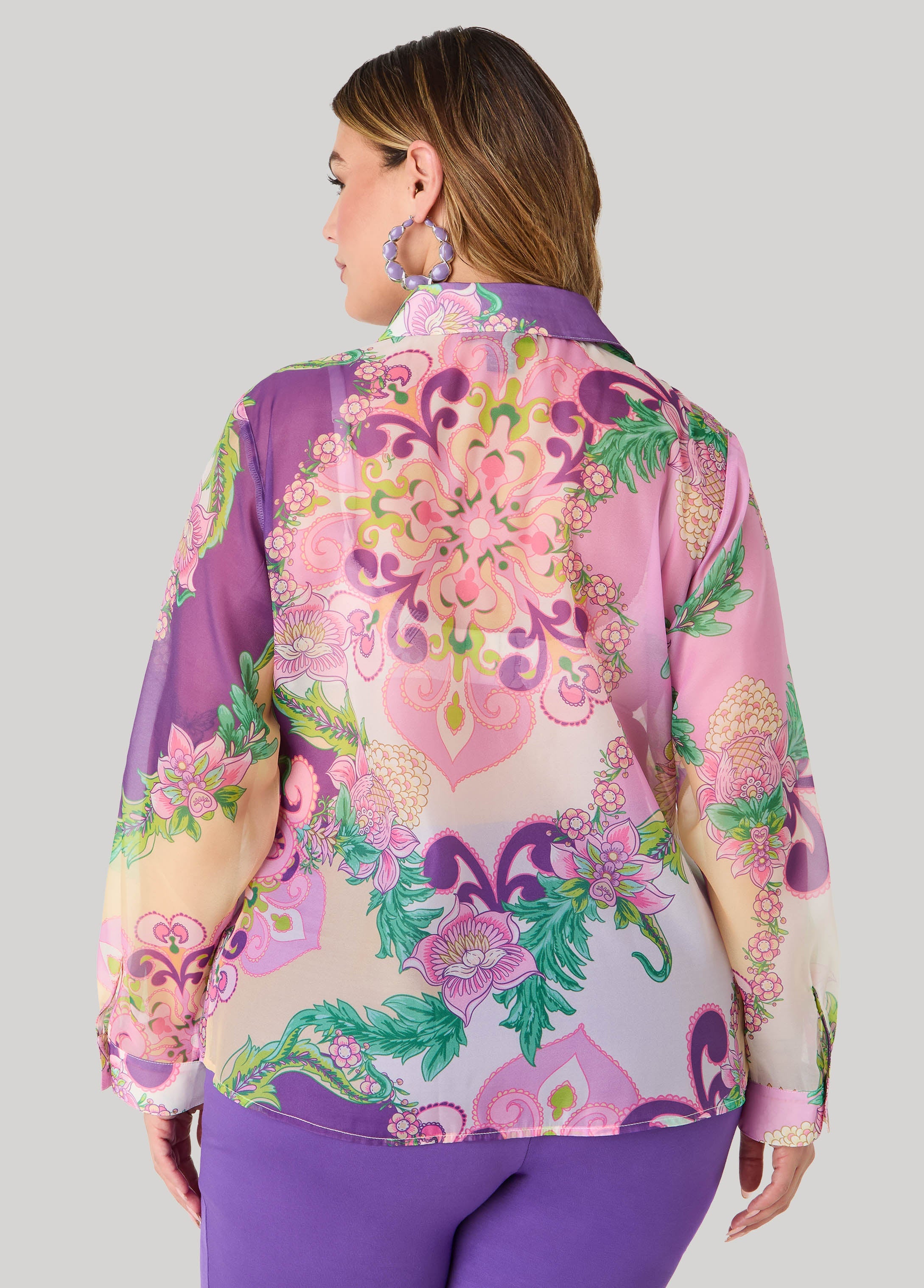 Floral Print Organza Shirt Multi | Ashley Stewart