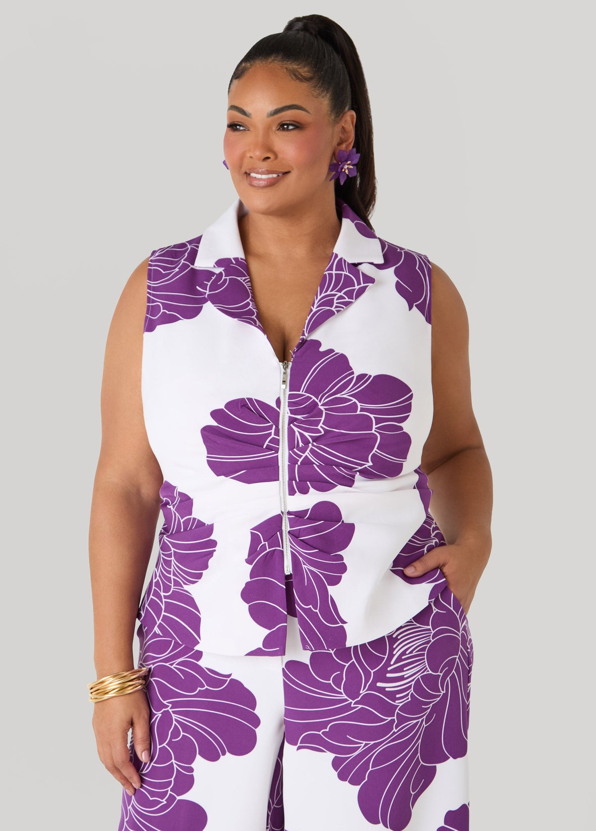 Ruched Floral Print Vest Pansy | Ashley Stewart