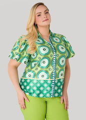 Puff Sleeved Circle Print Shirt Macaw Green | Ashley Stewart