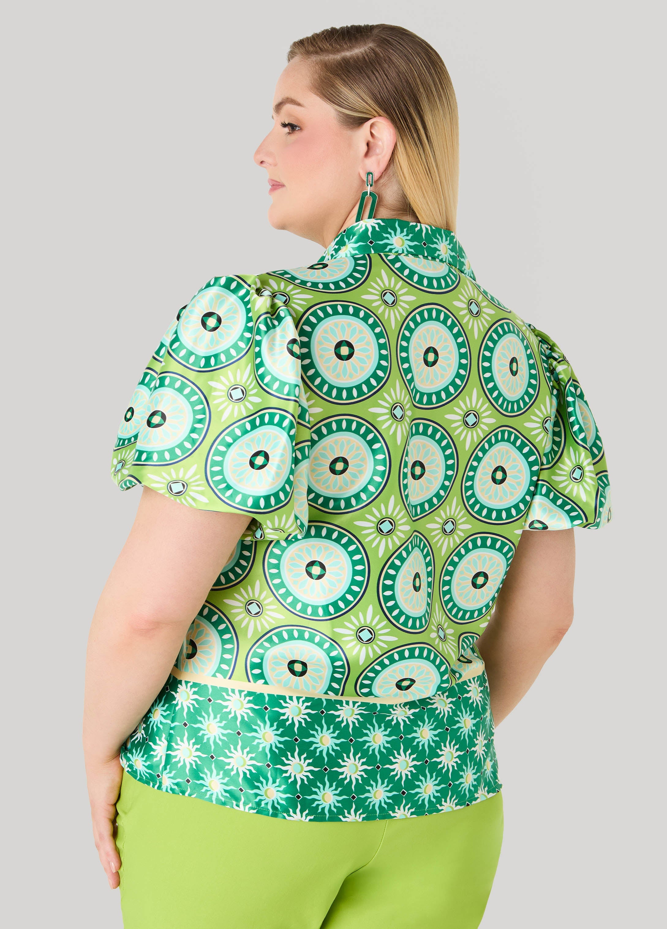 Puff Sleeved Circle Print Shirt Macaw Green | Ashley Stewart