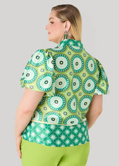 Puff Sleeved Circle Print Shirt Macaw Green | Ashley Stewart