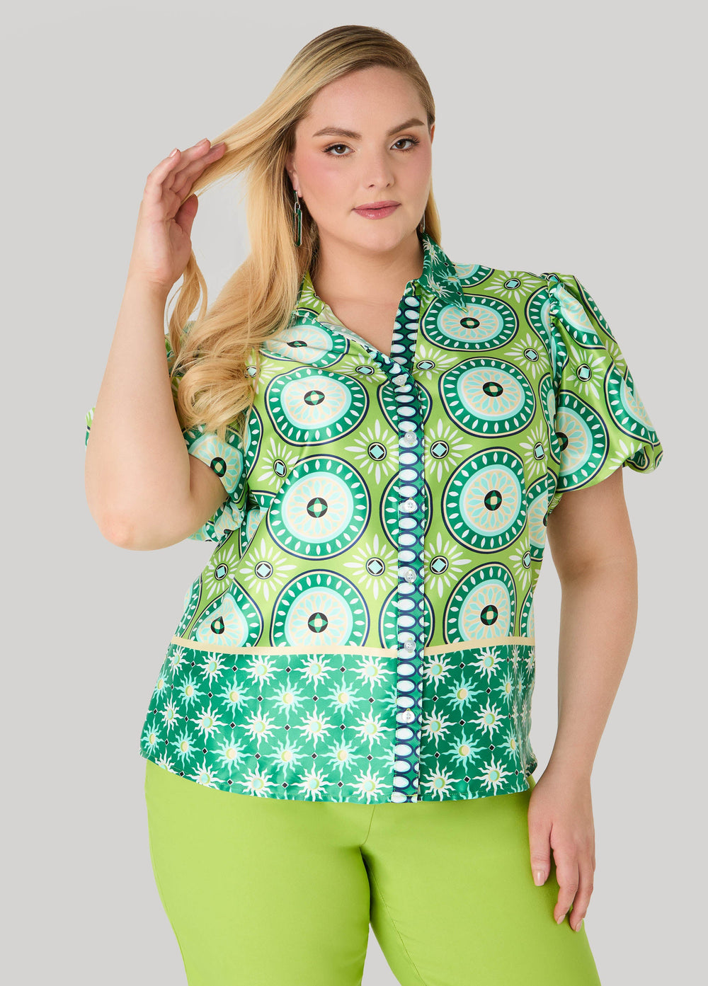 Puff Sleeved Circle Print Shirt Macaw Green | Ashley Stewart
