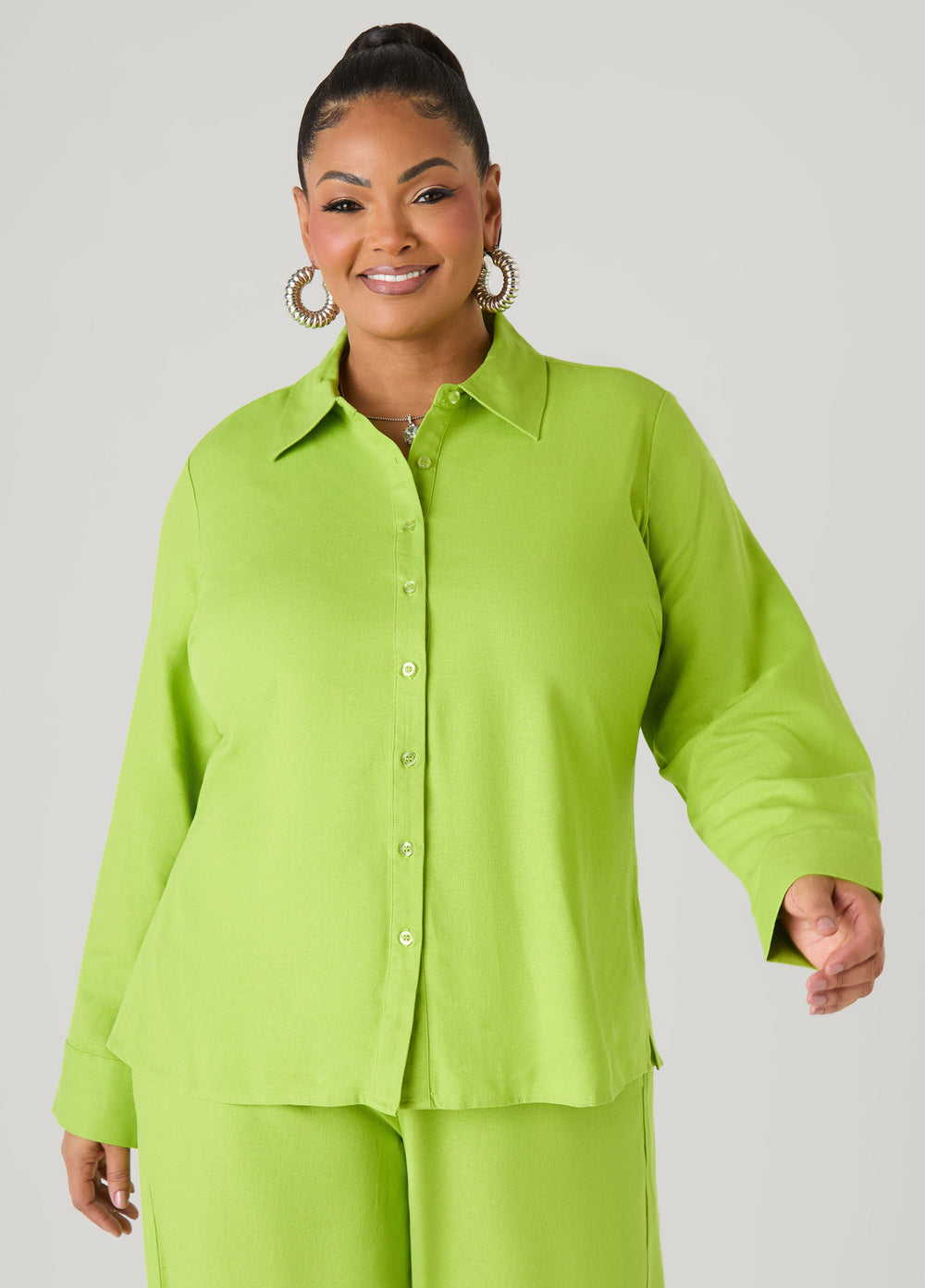 Long Sleeved Linen Blend Shirt Macaw Green | Ashley Stewart