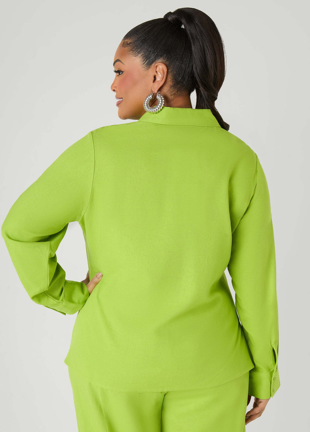 Long Sleeved Linen Blend Shirt Macaw Green | Ashley Stewart
