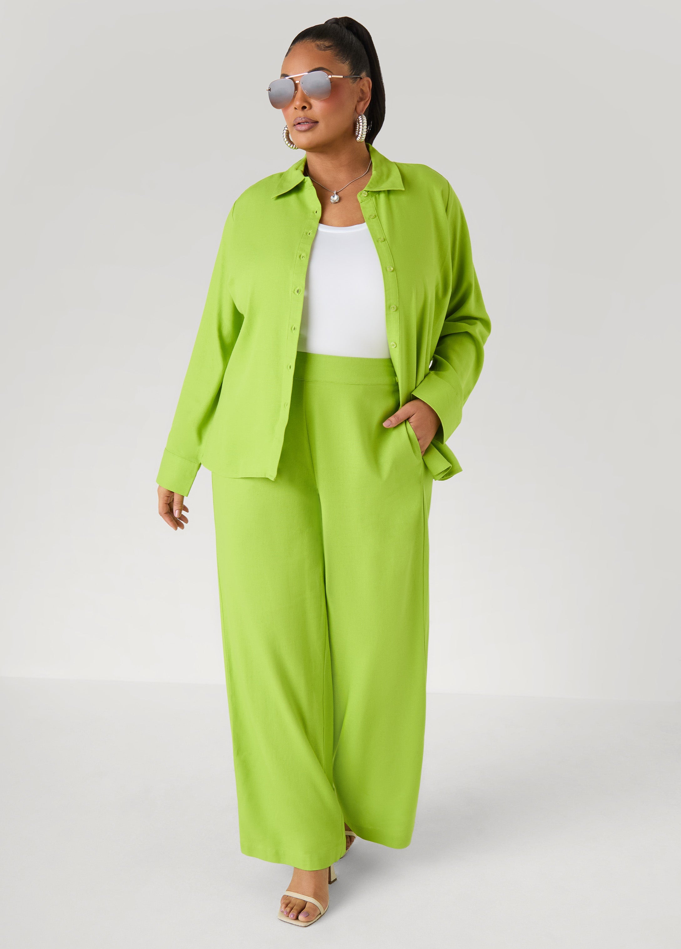 Long Sleeved Linen Blend Shirt Macaw Green | Ashley Stewart