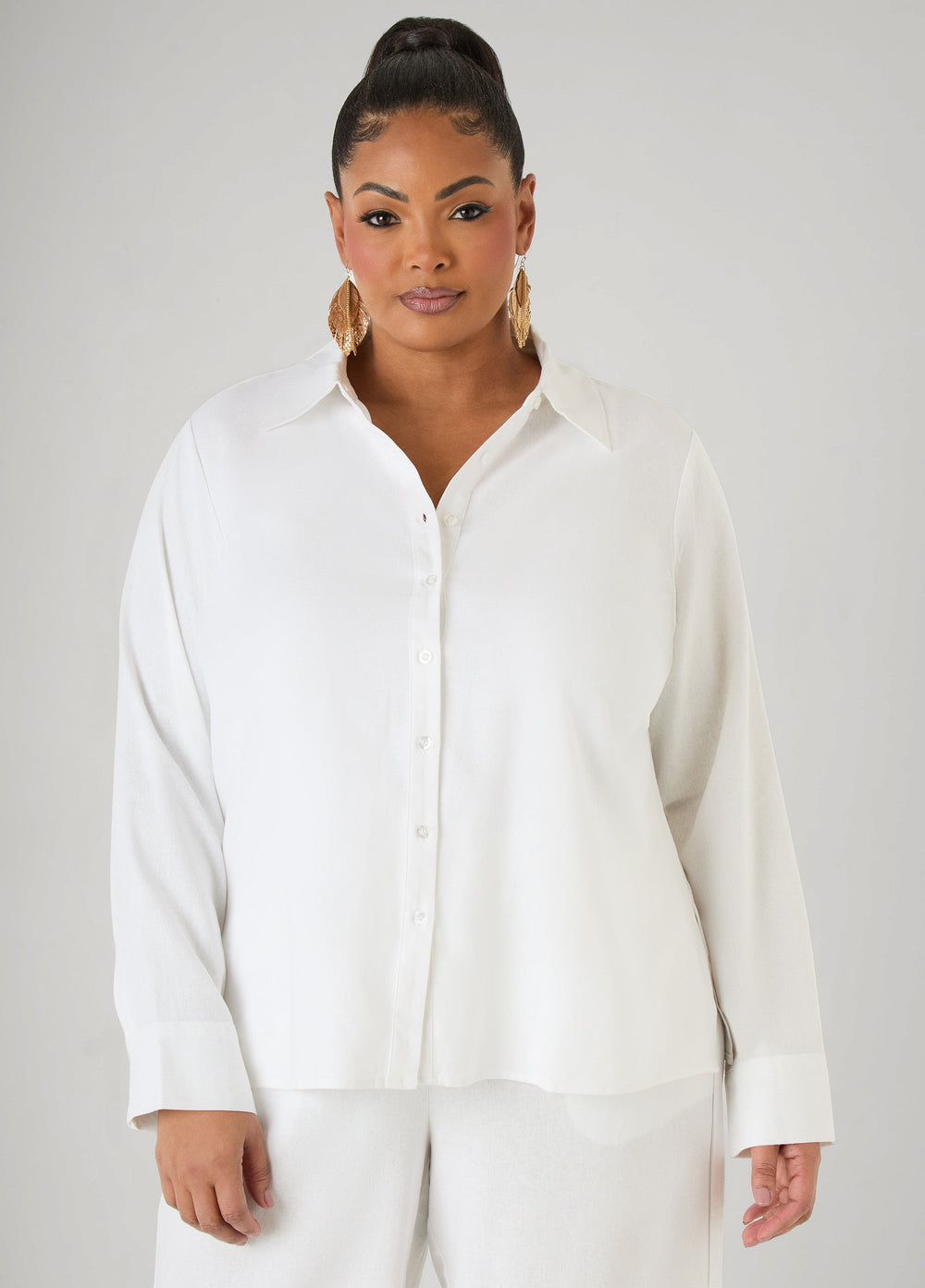 Long Sleeved Linen Blend Shirt Macaw Green | Ashley Stewart