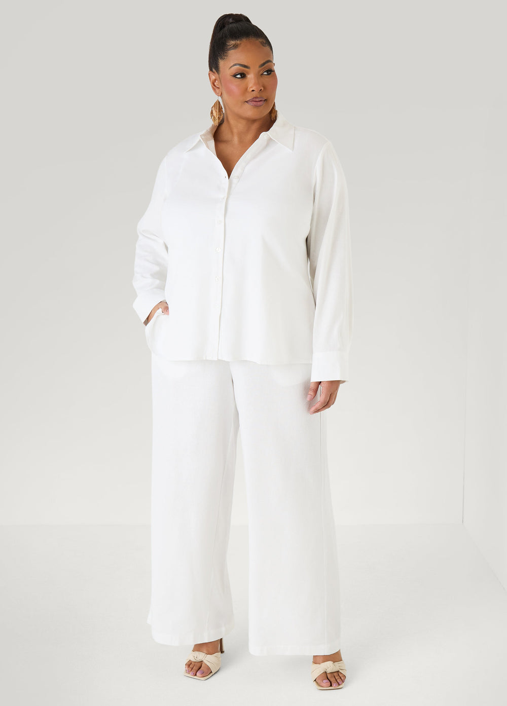 Long Sleeved Linen Blend Shirt Macaw Green | Ashley Stewart