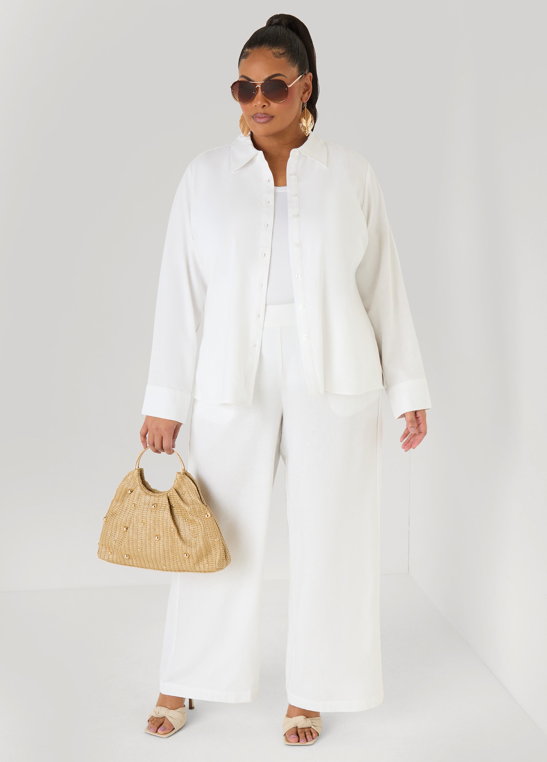 Long Sleeved Linen Blend Shirt Macaw Green | Ashley Stewart