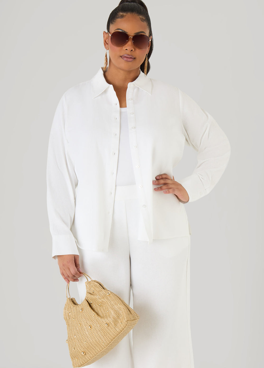 Long Sleeved Linen Blend Shirt Macaw Green | Ashley Stewart