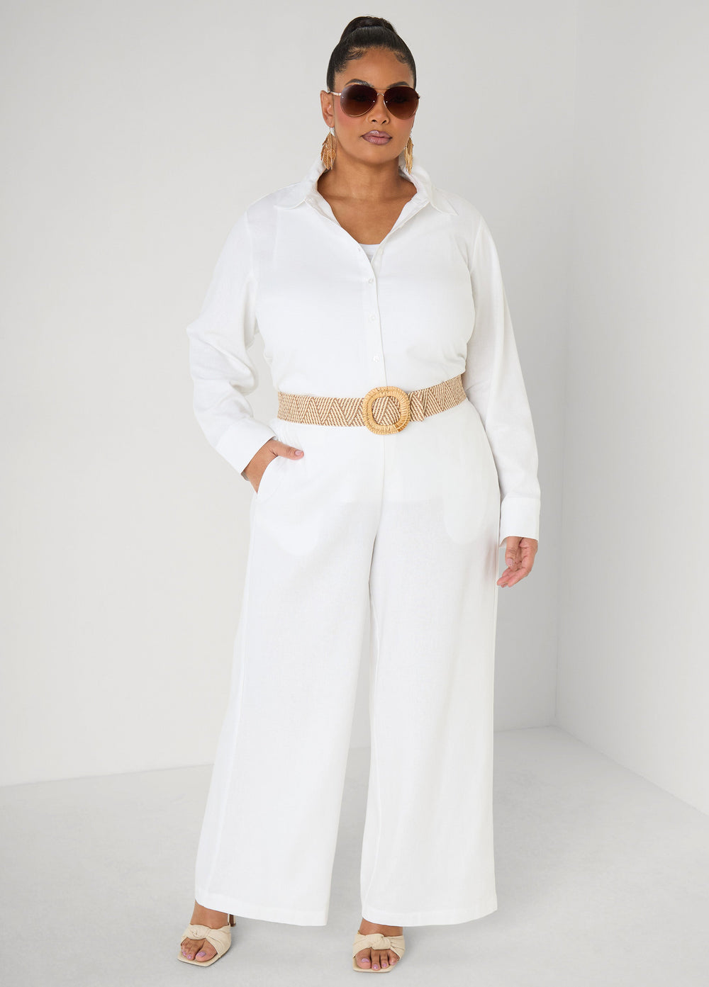 Long Sleeved Linen Blend Shirt Macaw Green | Ashley Stewart