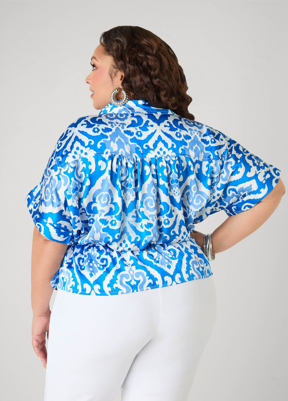 Cuffed Printed Satin Blouse Blue | Ashley Stewart