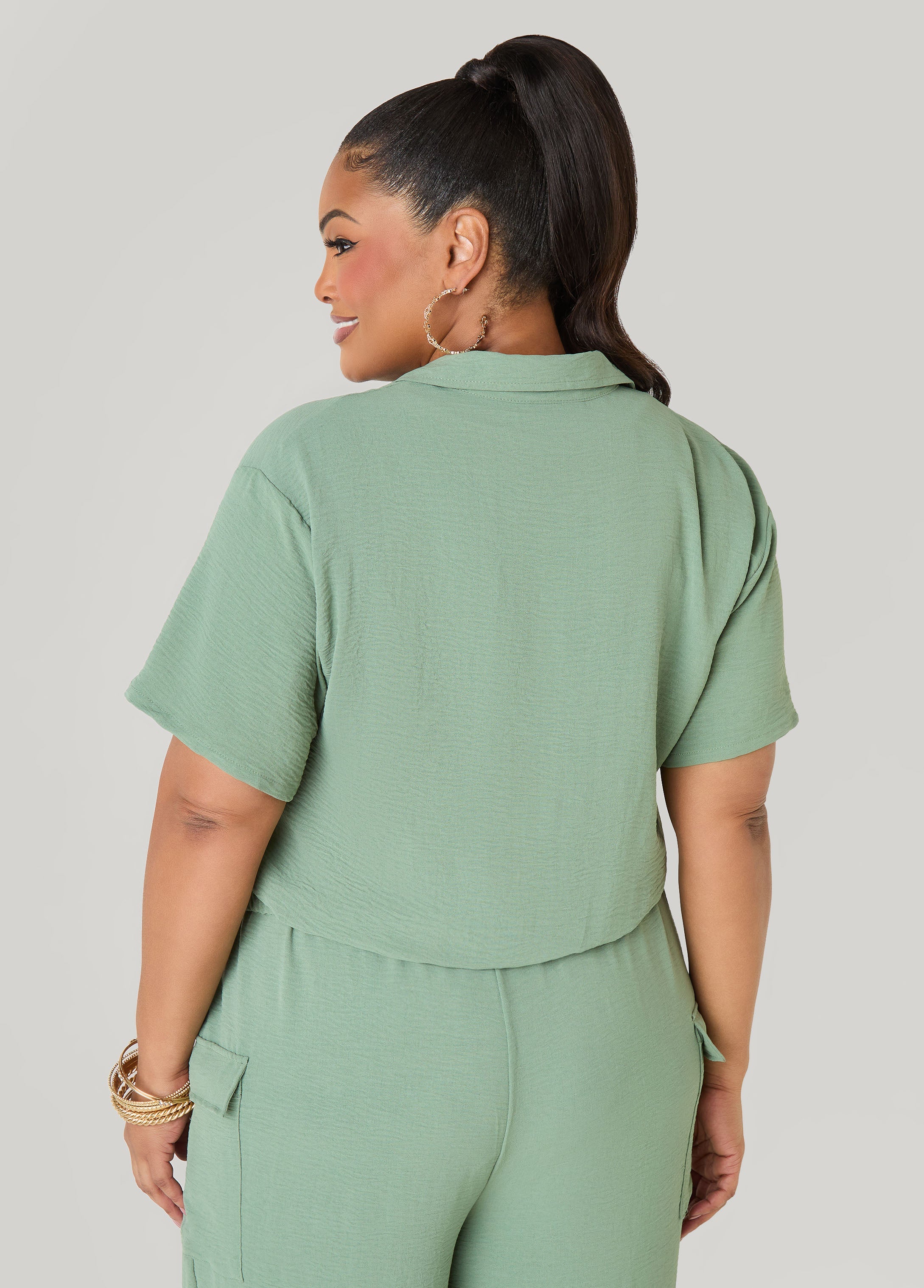 Drawstring Cropped Shirt Rooibos | Ashley Stewart