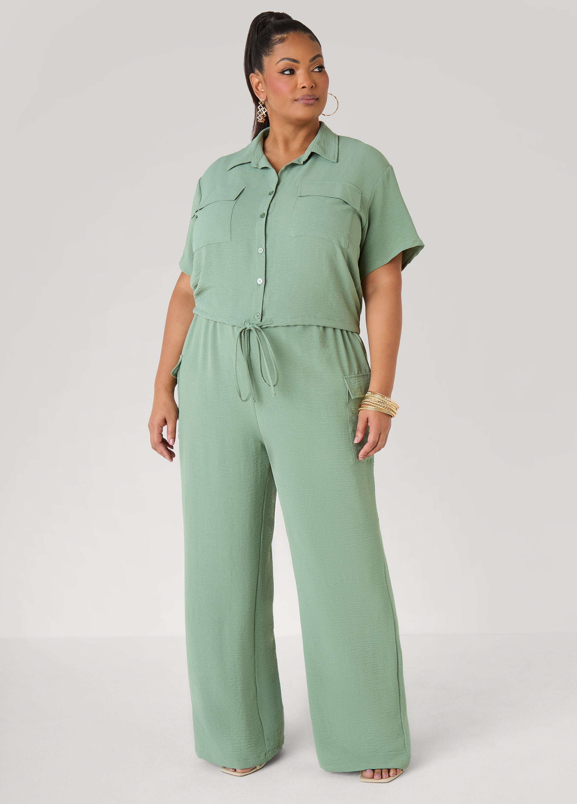 Drawstring Cropped Shirt Rooibos | Ashley Stewart