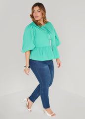 Tie Front Peplum Top Green | Ashley Stewart